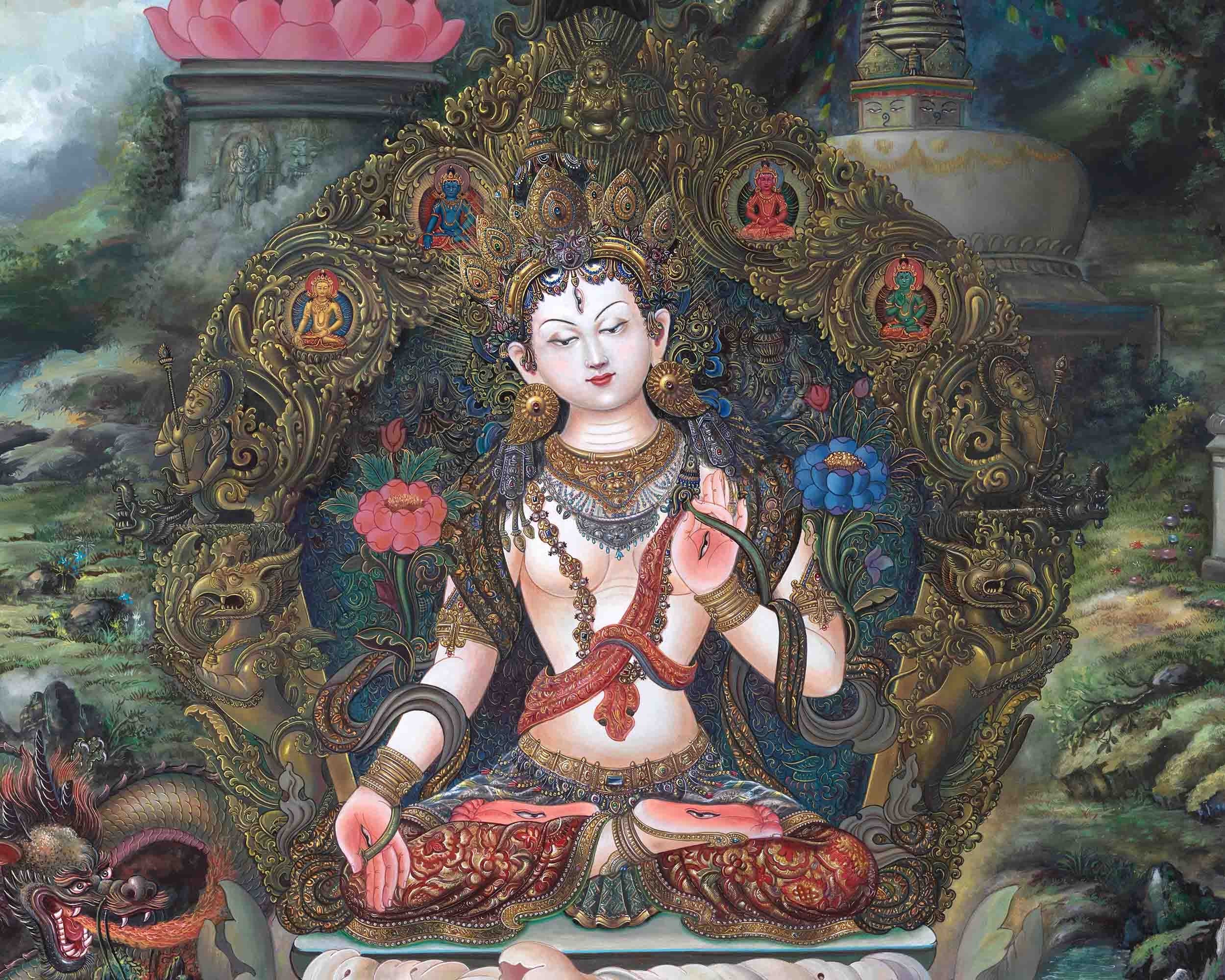 Original Hand Painted White Tara Thangka Art | Tibetan Buddhist Religious Painting