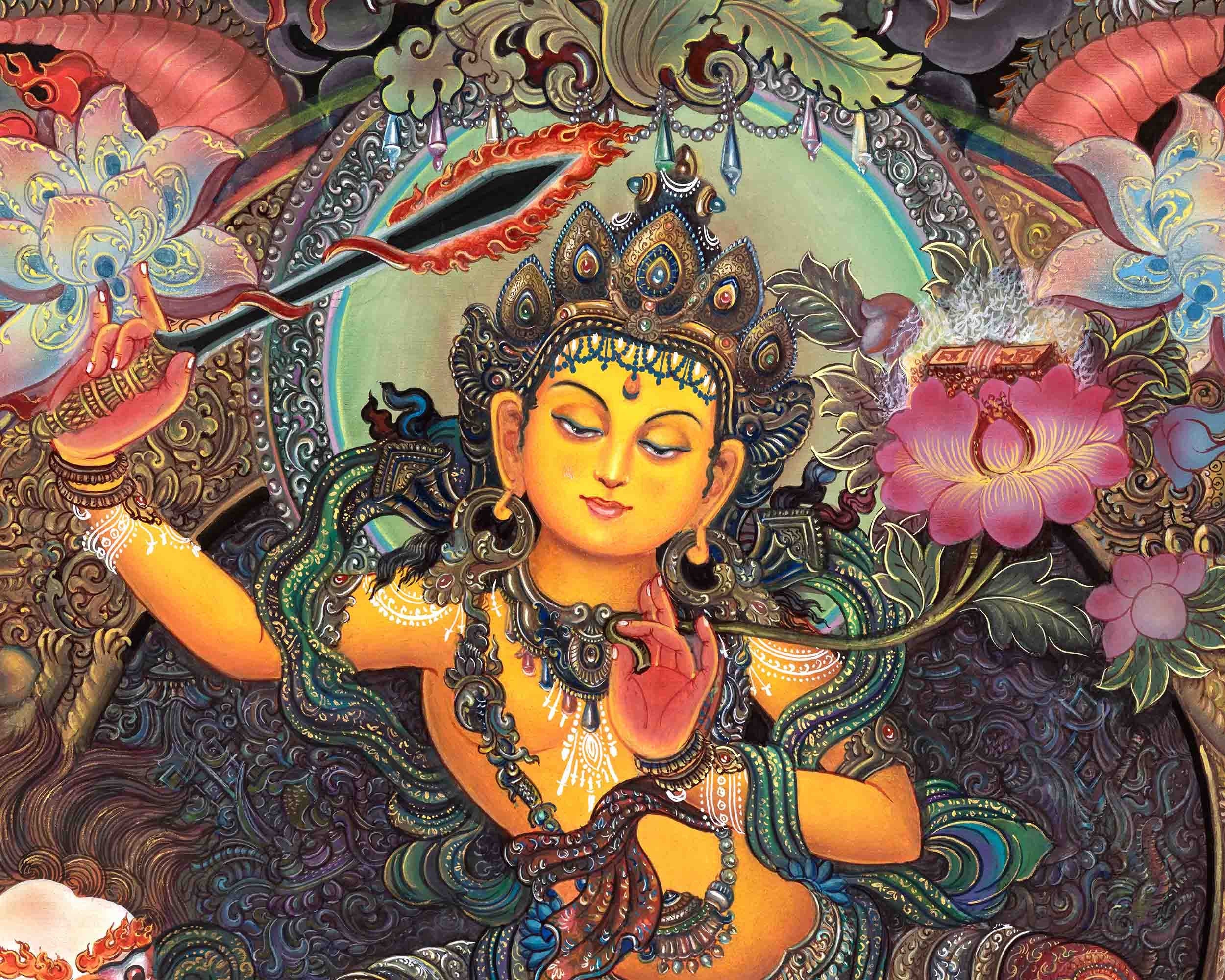 Original Hand Painted Hight Quality Manjushree Thangka | Flaming Sword Of Wisdom Bodhisattva |