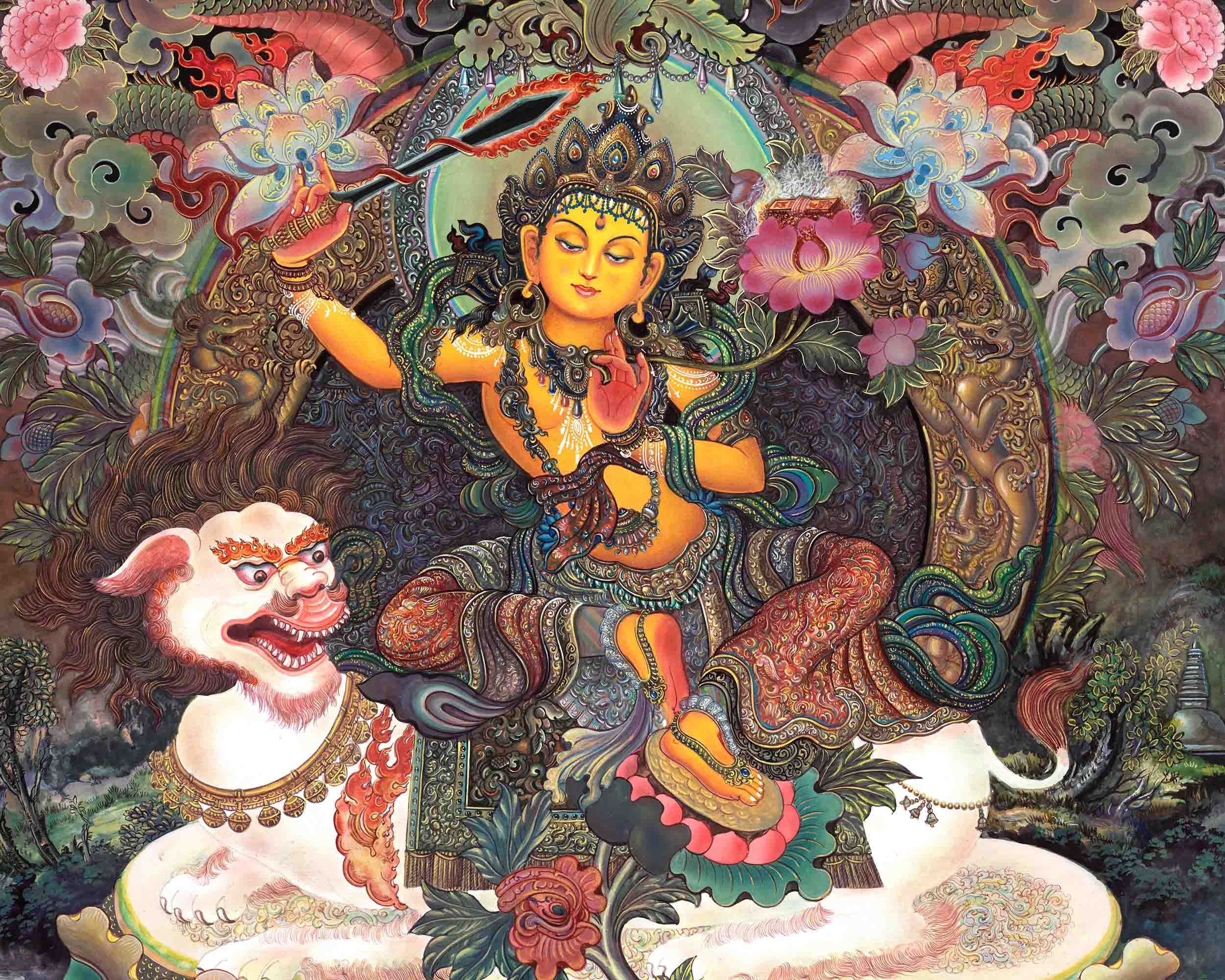 Original Hand Painted Hight Quality Manjushree Thangka | Flaming Sword Of Wisdom Bodhisattva |