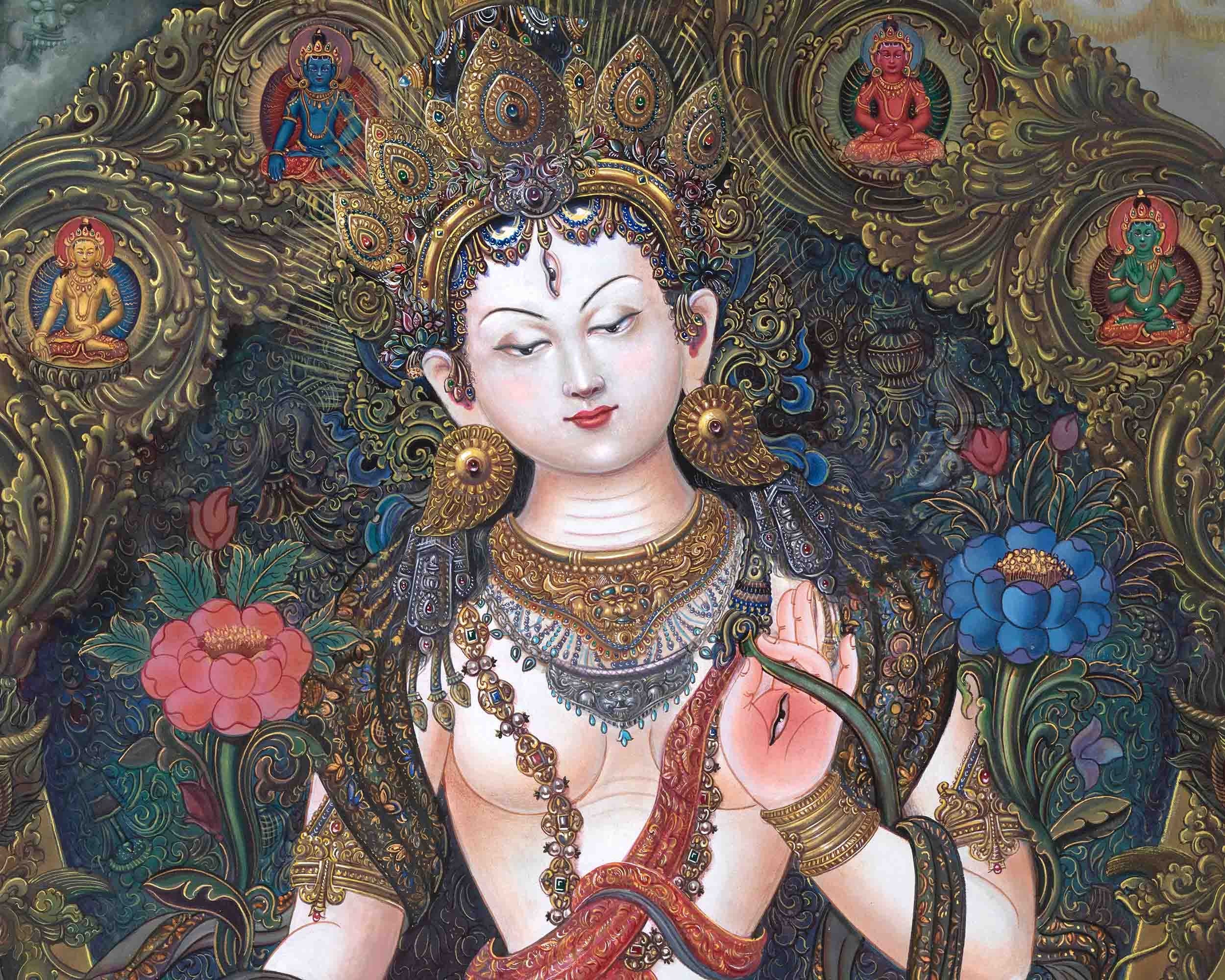 Original Hand Painted White Tara Thangka Art | Tibetan Buddhist Religious Painting