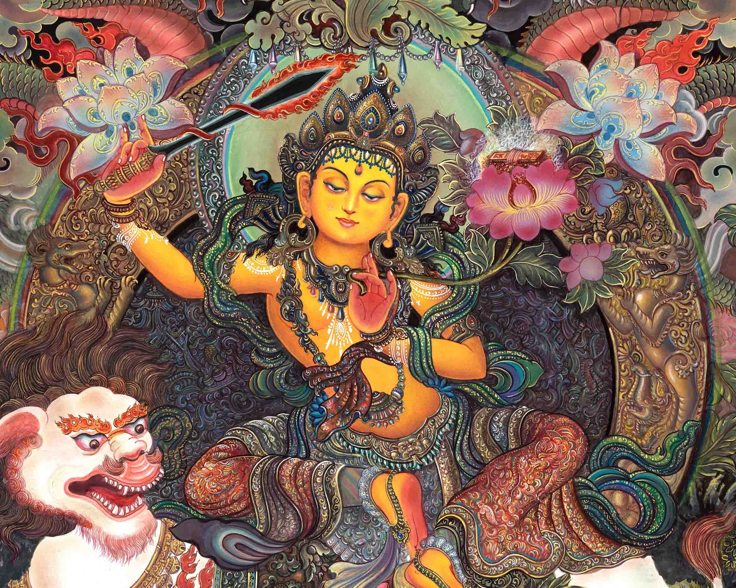 Original Hand Painted Hight Quality Manjushree Thangka | Flaming Sword Of Wisdom Bodhisattva |