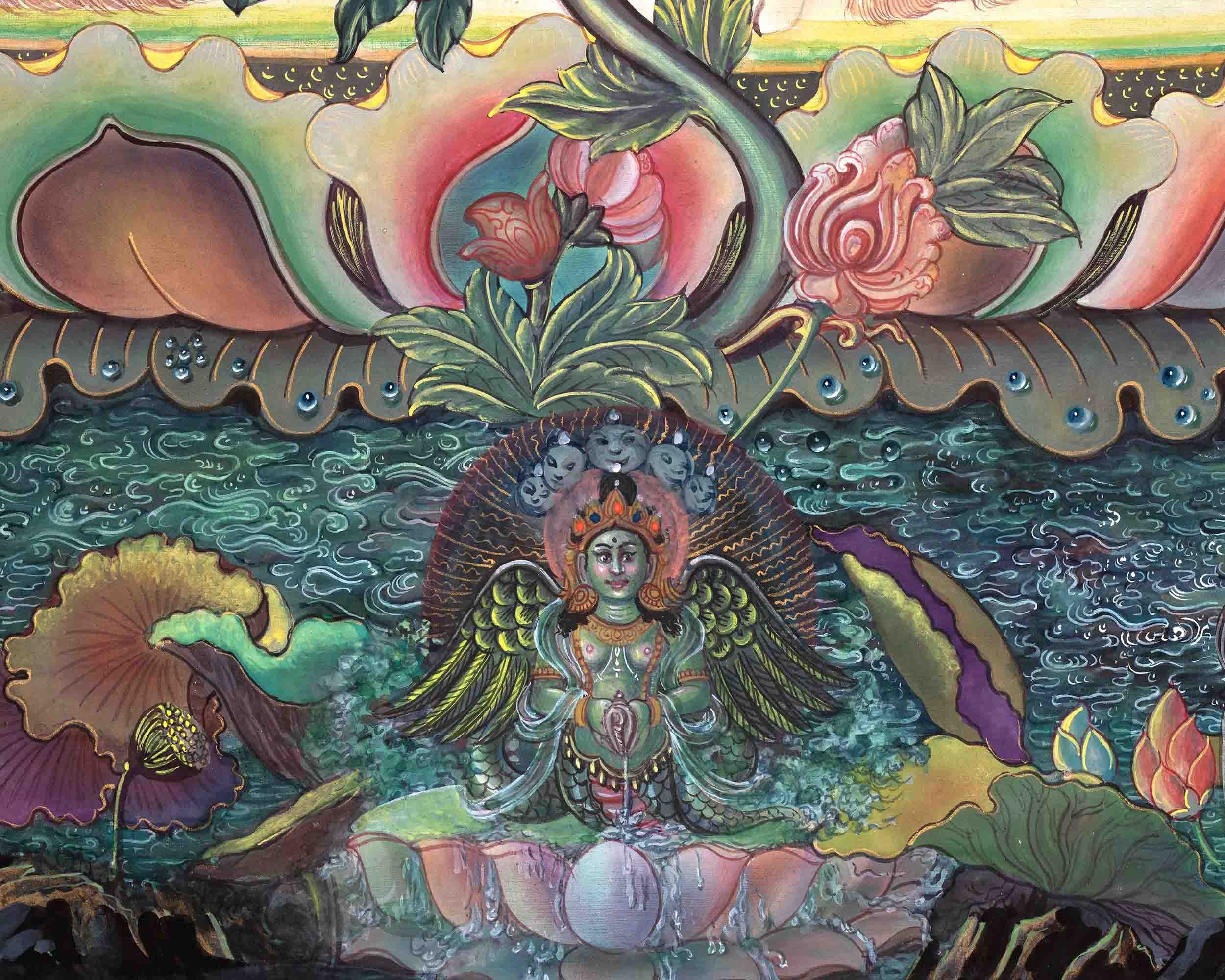 Original Hand Painted Hight Quality Manjushree Thangka | Flaming Sword Of Wisdom Bodhisattva |