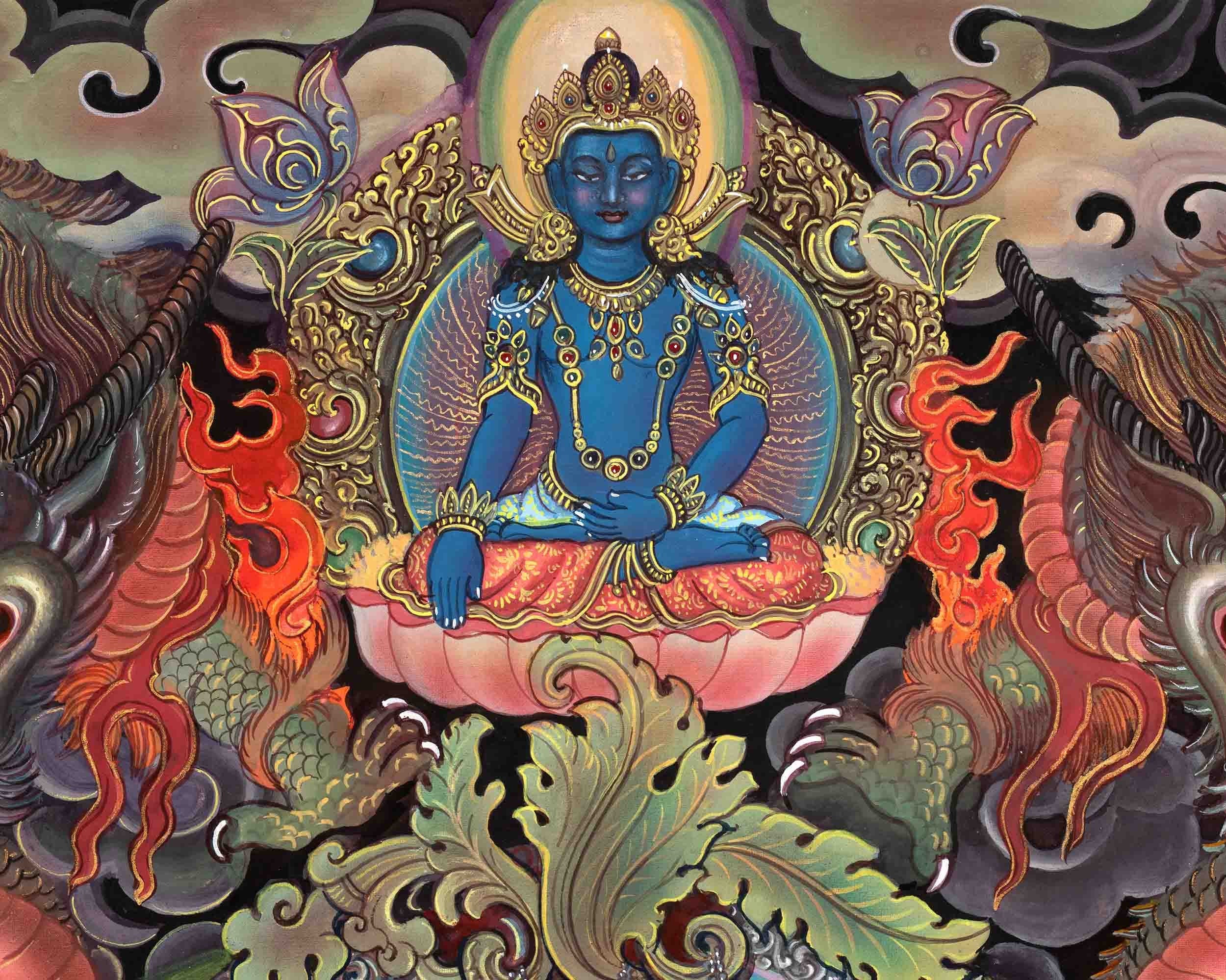 Original Hand Painted Hight Quality Manjushree Thangka | Flaming Sword Of Wisdom Bodhisattva |