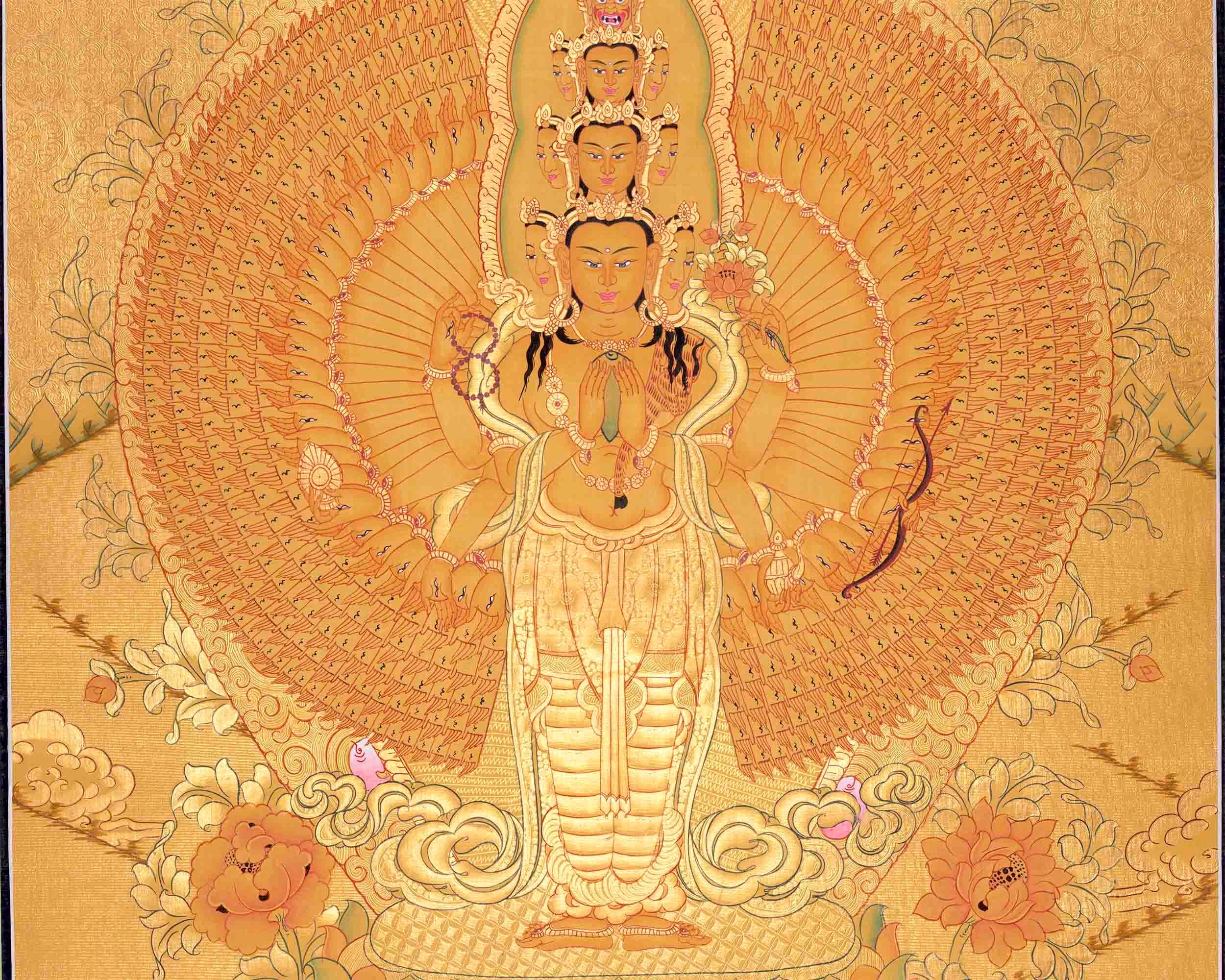Genuine 24K Full Gold Lokeshvara Thangka Painting | 1000 Armed Avalokiteshvara | Tibetan Wall Decoration | Arts For House and Office Decor