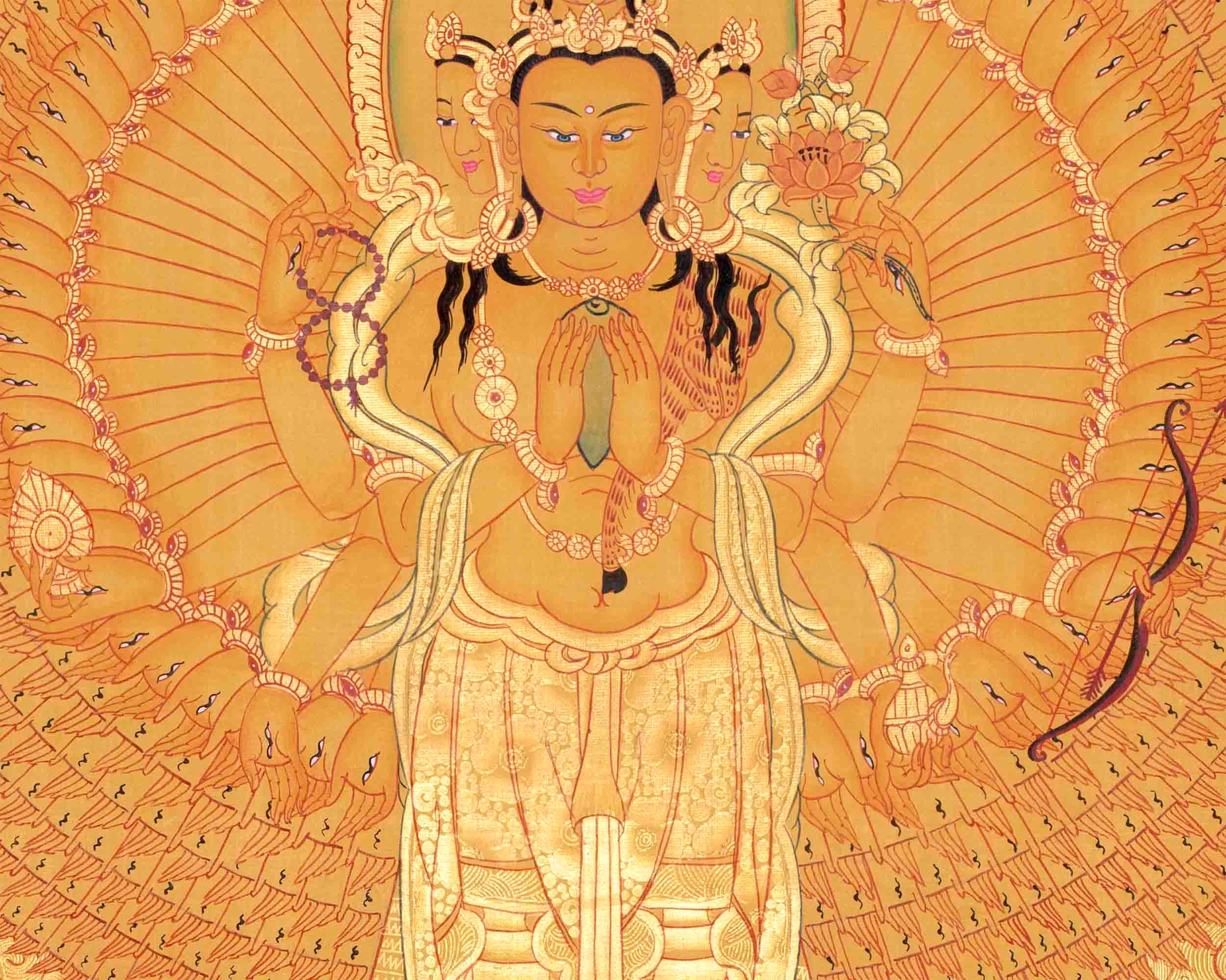 Genuine 24K Full Gold Lokeshvara Thangka Painting | 1000 Armed Avalokiteshvara | Tibetan Wall Decoration | Arts For House and Office Decor