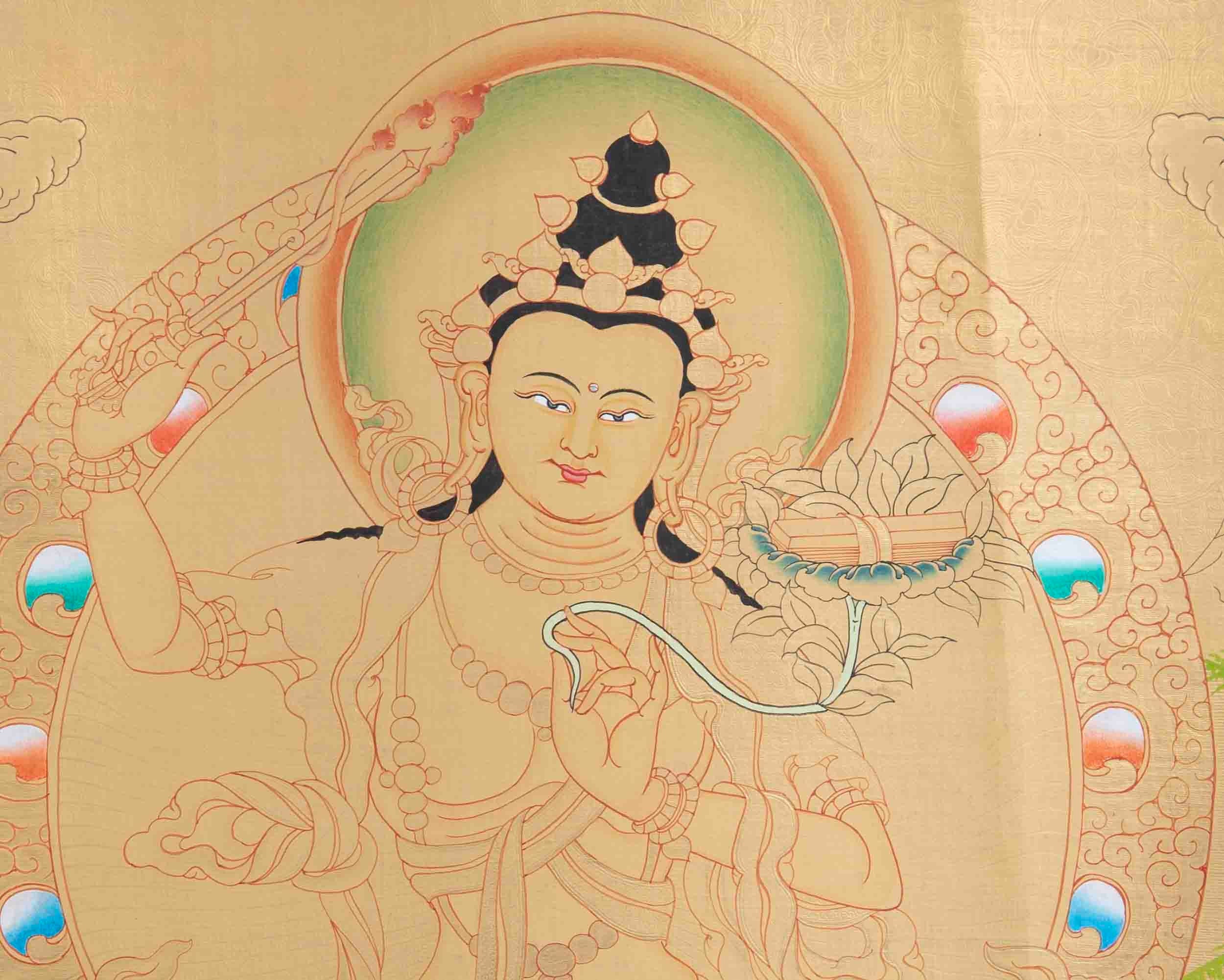 Full Gold Style Manjushri with Brocade | Bodhisattva Thangka Painting