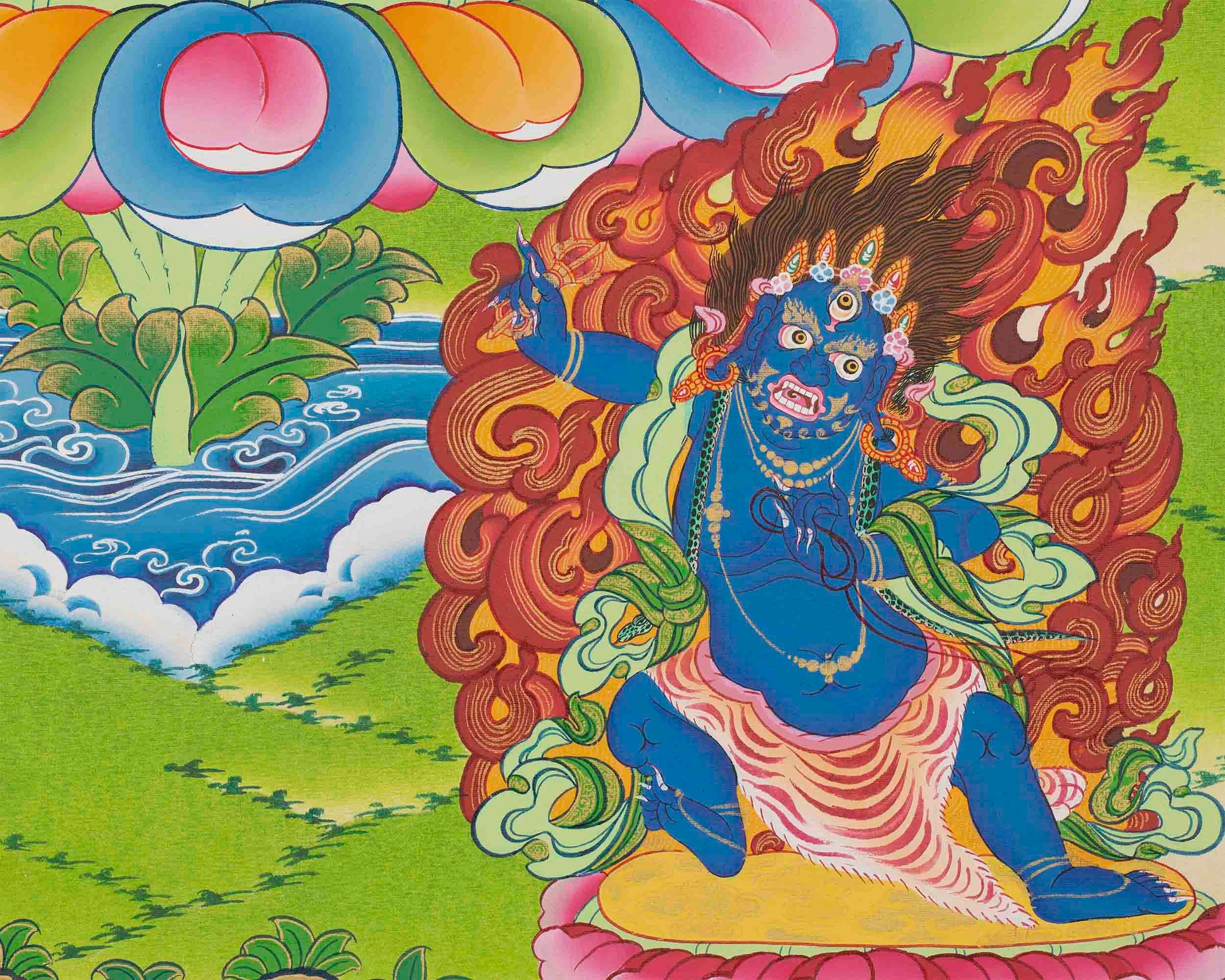 Four Armed Chengrezig Feature Manjushri and Vajrapani | Original Hand-Painted Tibetan Bodhisattva Thangka