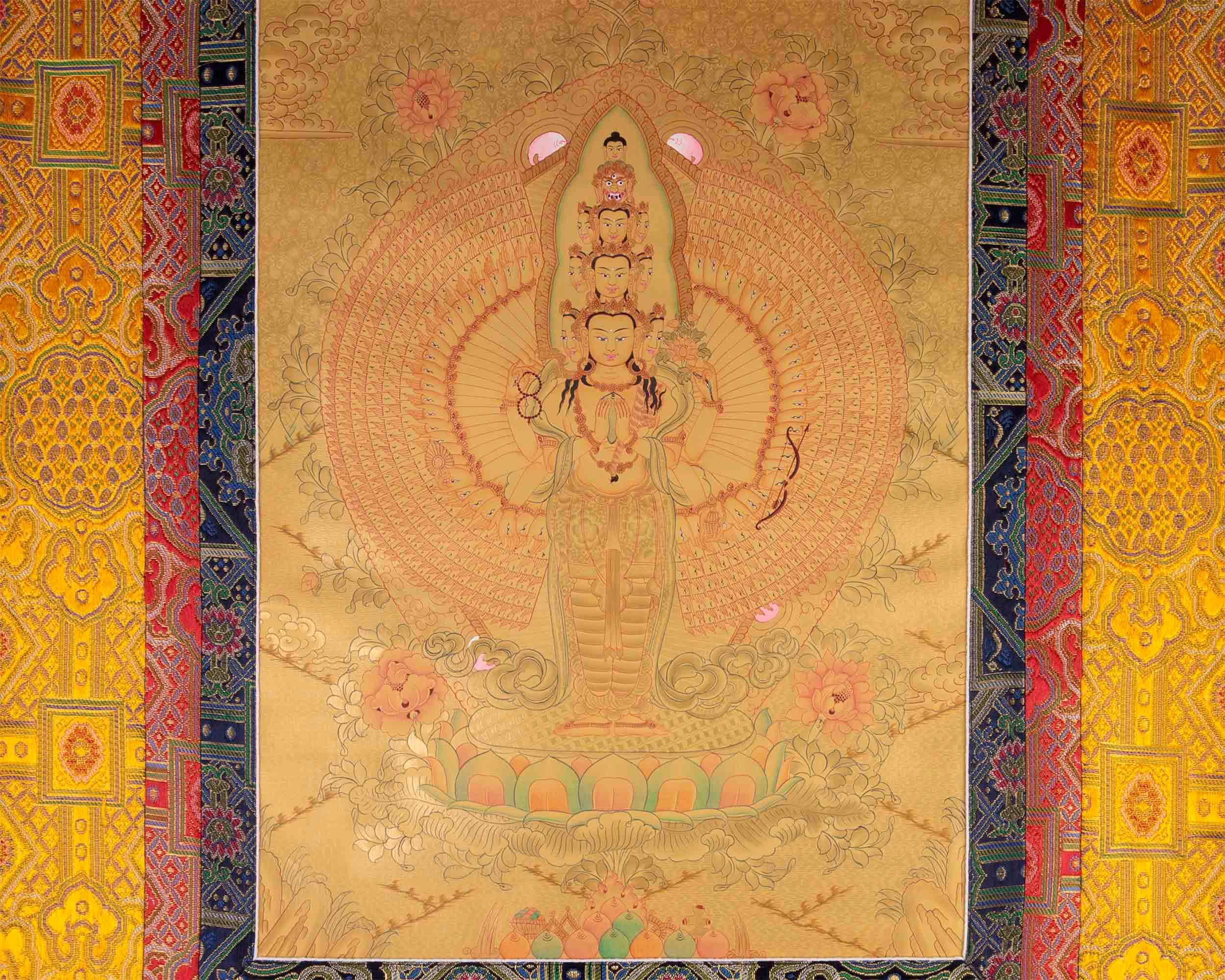 Full Gold 1000 Armed Avalokiteshvara Brocaded | Tibetan Wall Hanging