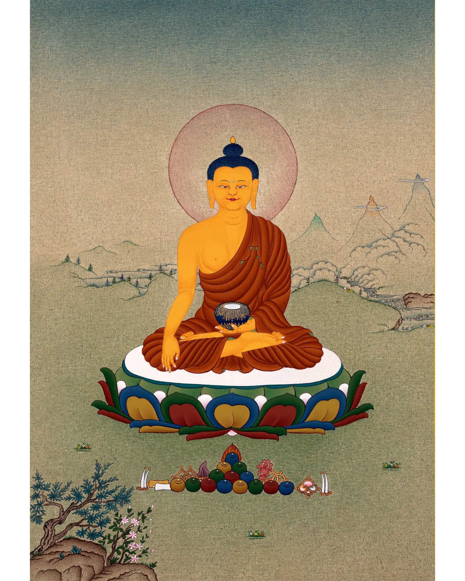 Buddha Shakyamuni Thangka, Hand Painted Tibetan Buddha Painting in Stone colors & 24K Gold, Karma gadri