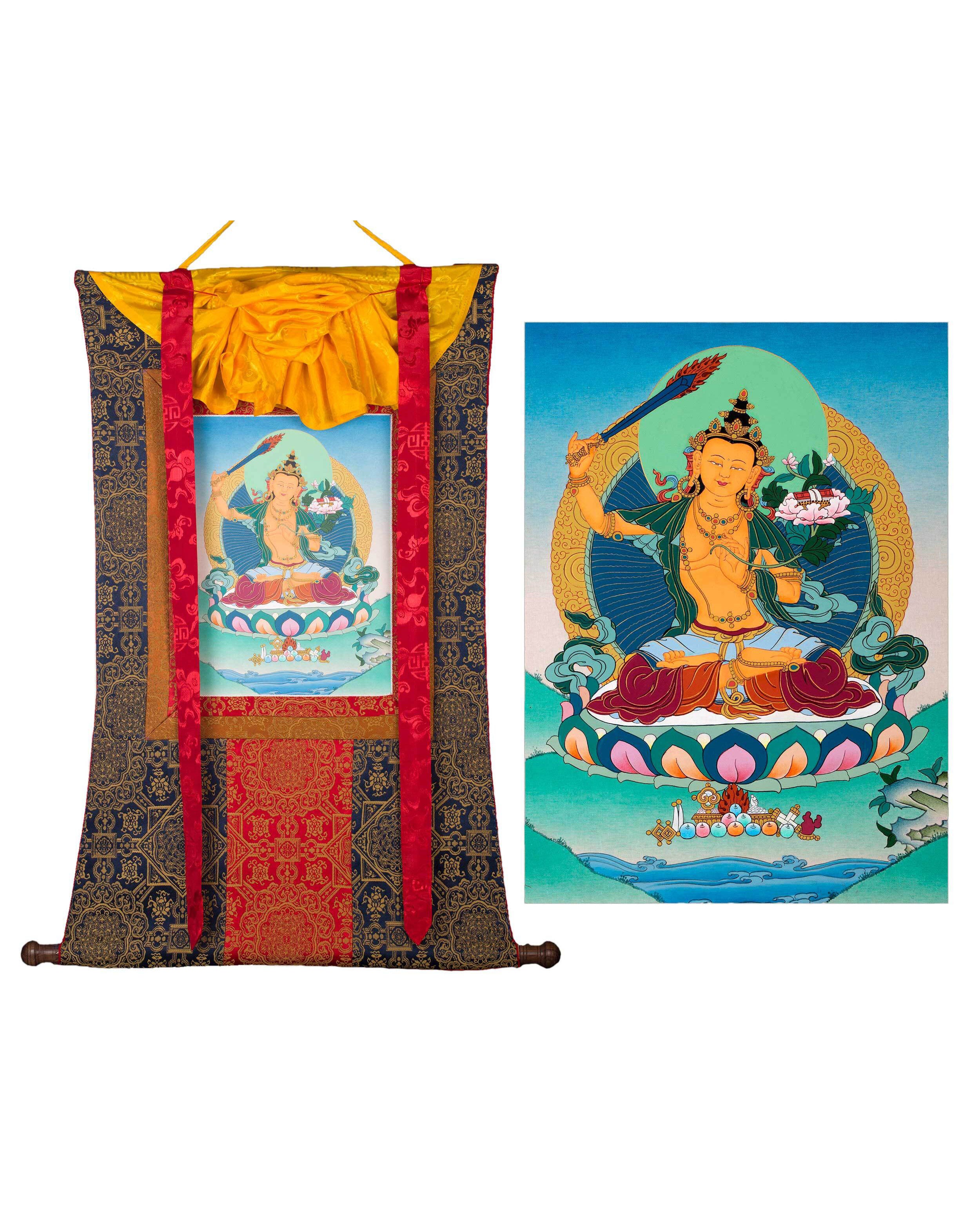 Manjushree Art Brocade | Wisdom Bodhisattva Thangka | Himalayan Buddhist Wall Painting