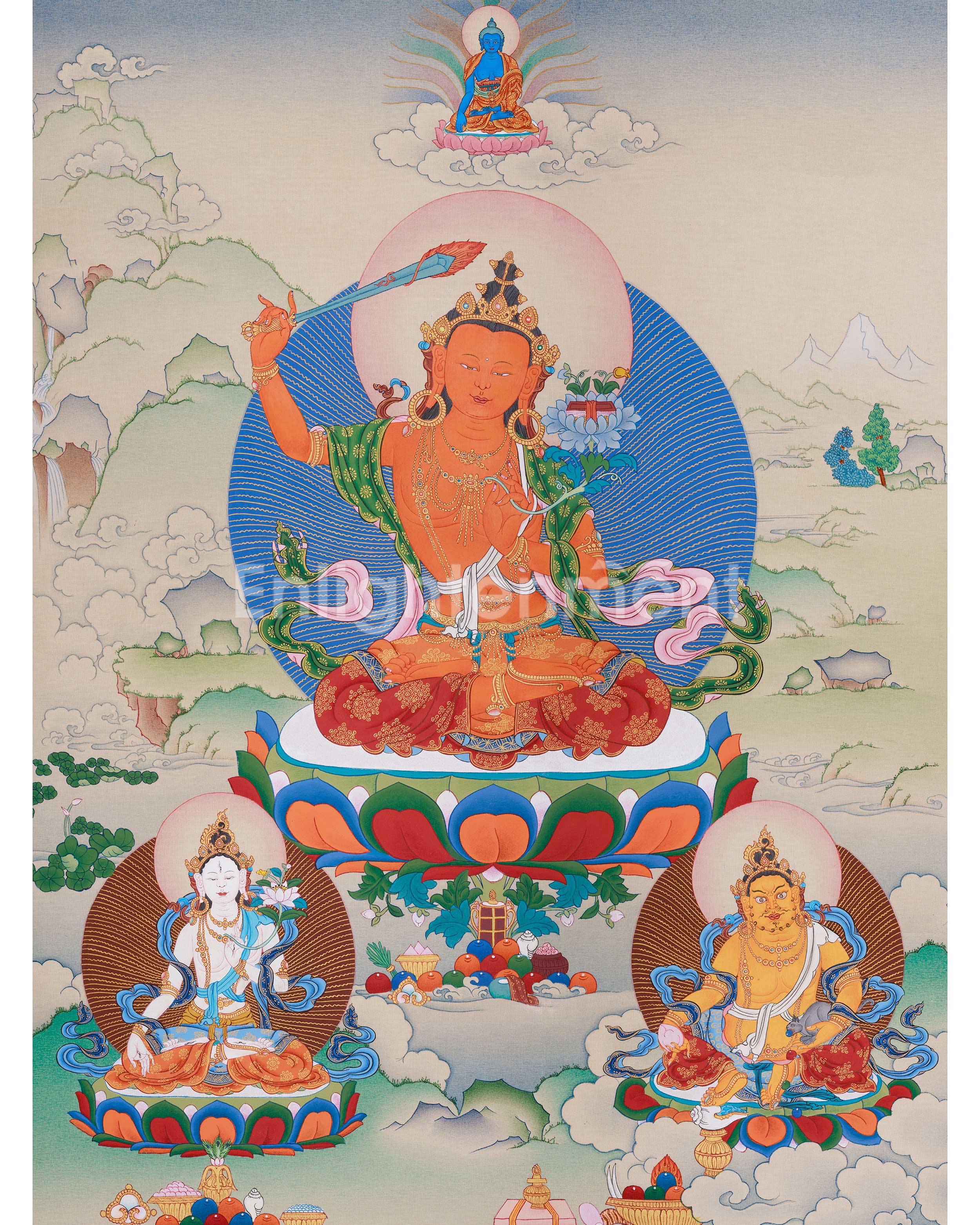manjushri-white-tara-and-dzambhala-thangka