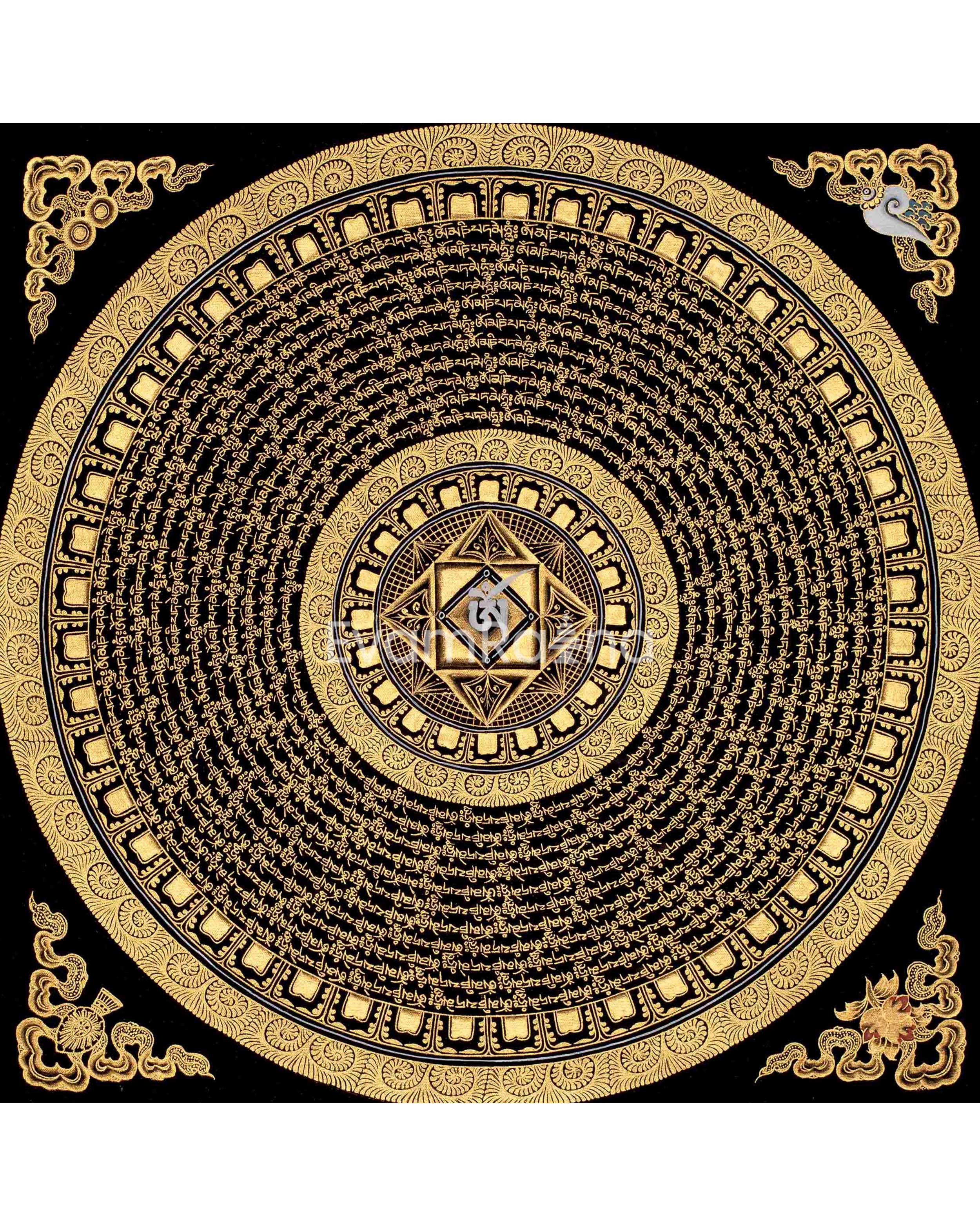 Genuine Hand Painted Mantra Mandala Thangka | Original Black And Gold Style Mandala | Wall Hanging Decor | Yoga & Meditation | Zen Wall Art