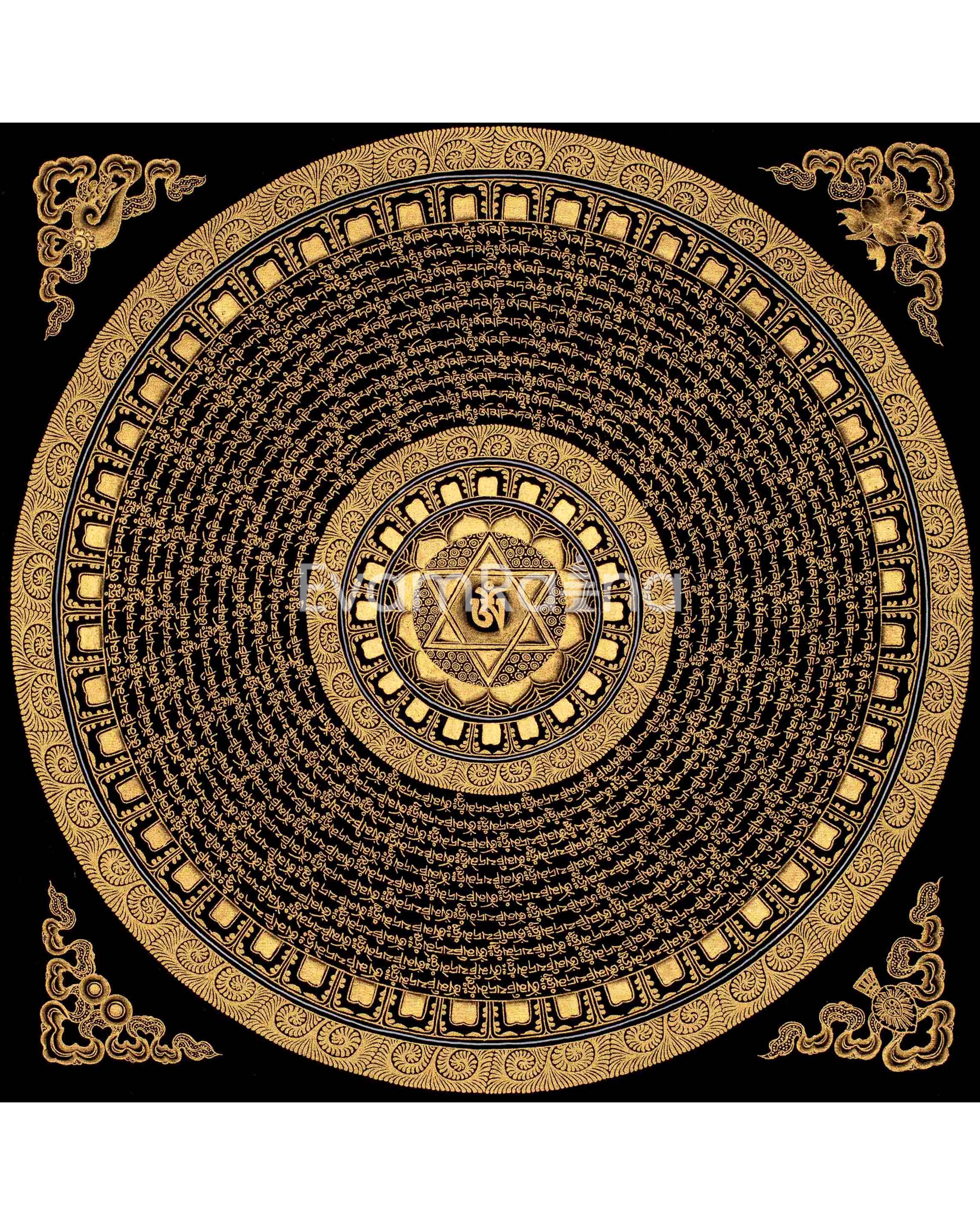 Genuine Hand Painted Mantra Mandala Thangka | Original Black And Gold Style Mandala | Wall Hanging Decor | Yoga & Meditation | Zen Wall Art