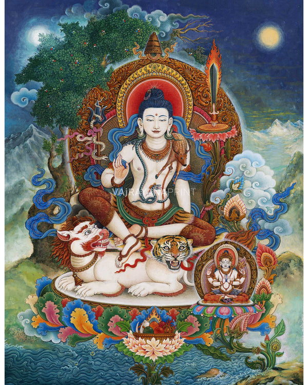 Simhanada Avalokiteshvara Seated On A Roaring Lion Print | Himalayan Art For Healing Practice
