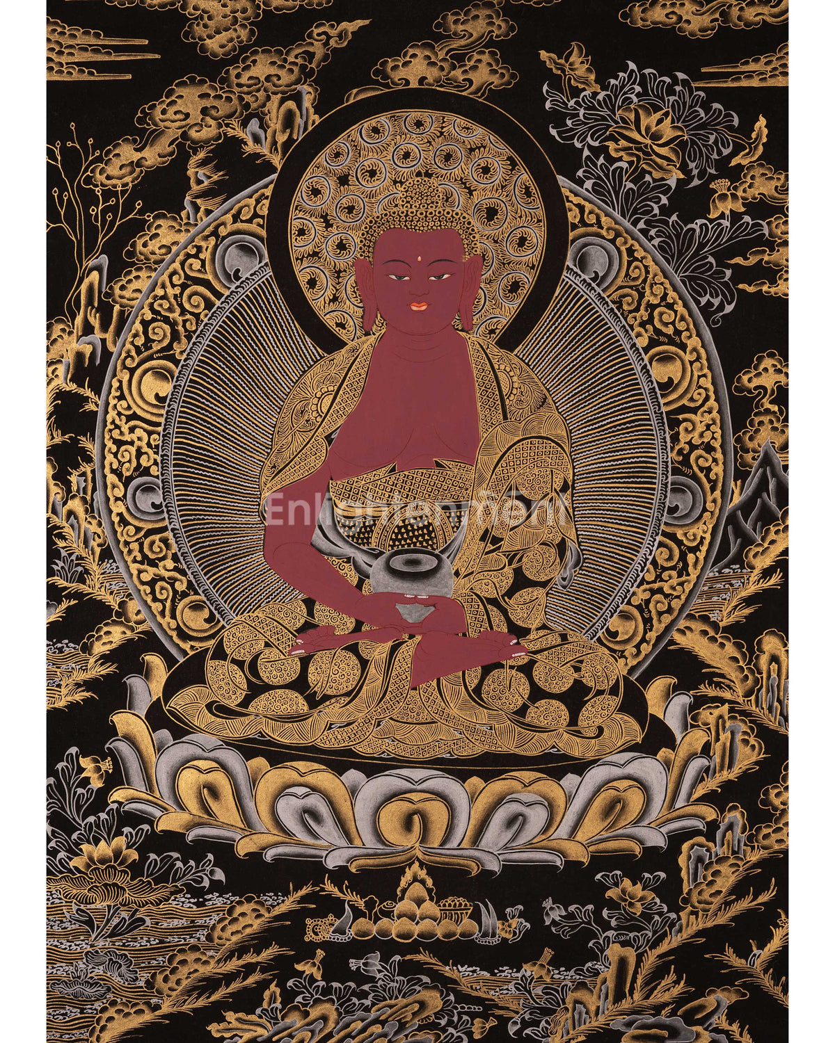 Amitabha Buddha, Dzambala, and Chengrezig Thangka | Original Hand-Painted Red Buddha | Art Painting For Meditation | Tibetan Thangka