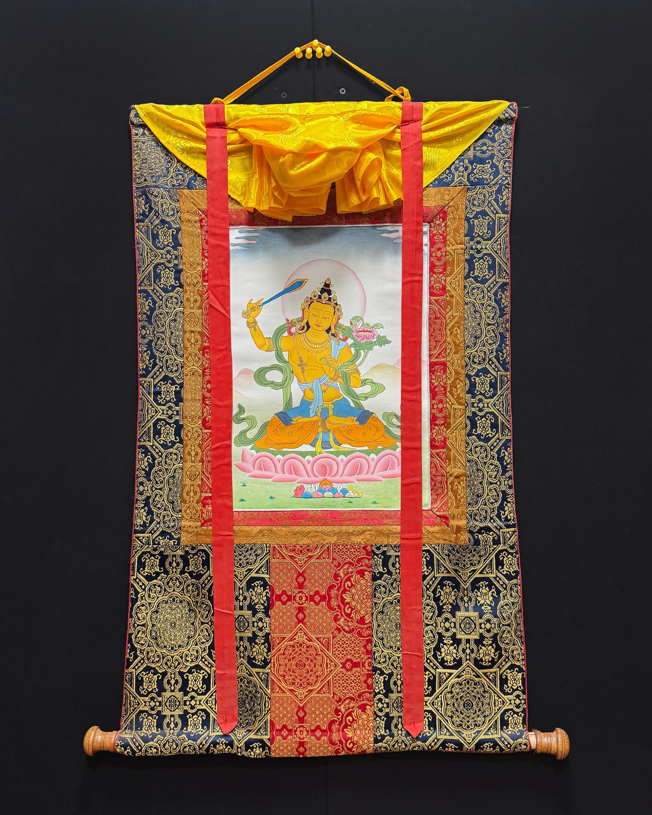 Manjushri Thangka With Brocade | Enlightened Protector of Knowledge
