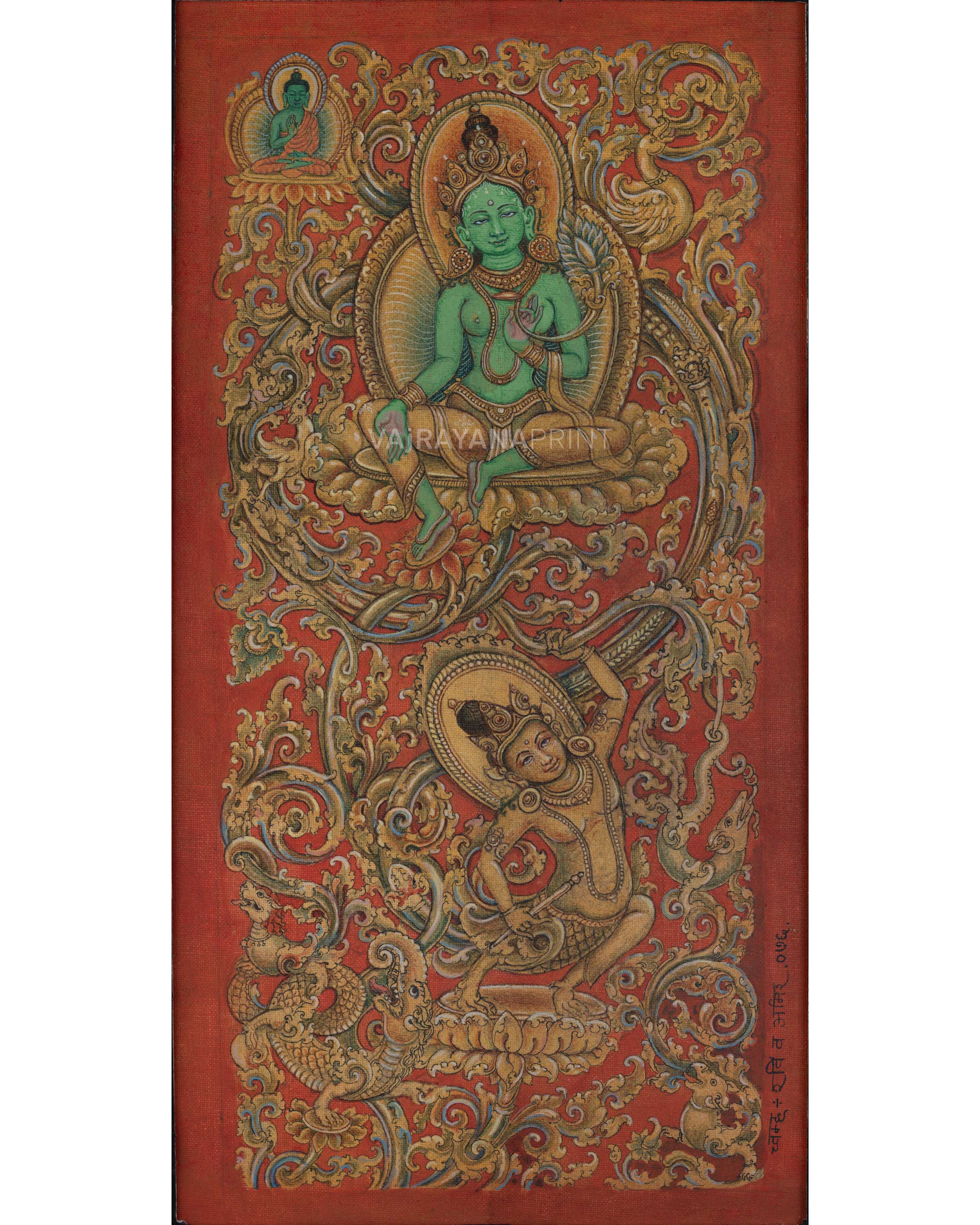 Mother Tara with Amoghasiddhi Thangka Print For Green Mantra Practice