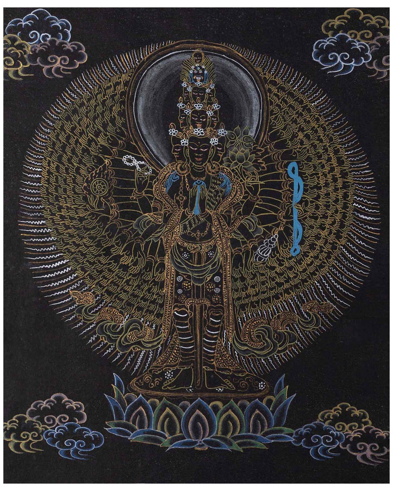 1000 Armed Avalokiteshvara Thangka | Buddhist Bodhisattva Handpaint | Wall Decor