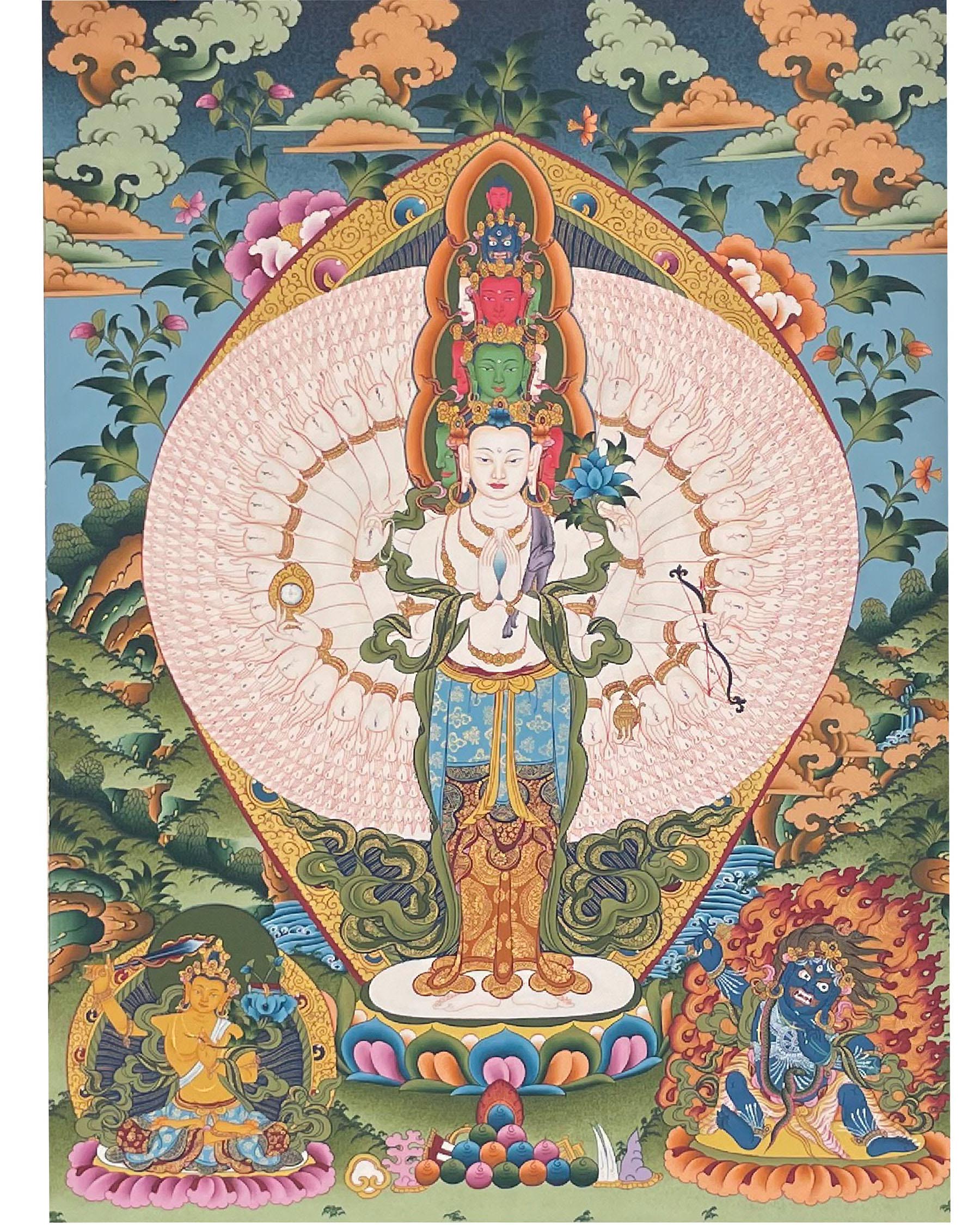 1000 Armed Avalokiteshvara | Original Hand Painted Mount Brocaded Thangka