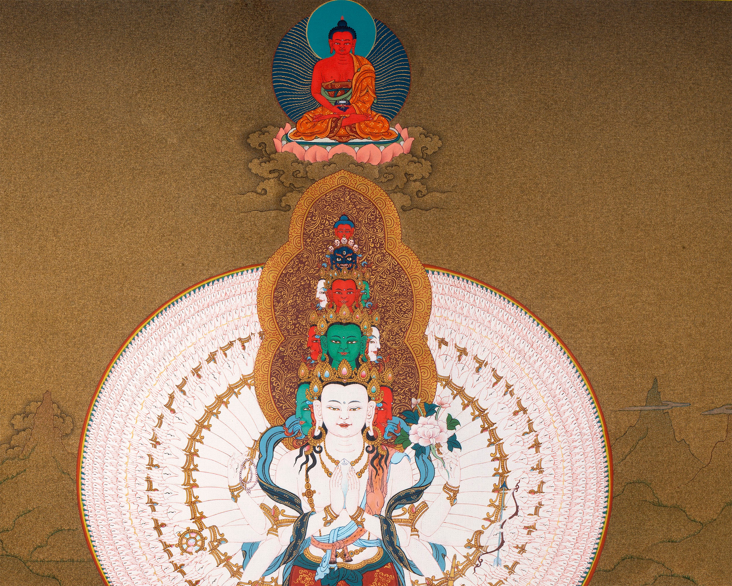 Avalokiteshvara, Manjushri & Vajrapani Thangka (includes Brocade) , 1000 Armed Chenrezig, Tibetan Buddhist Art