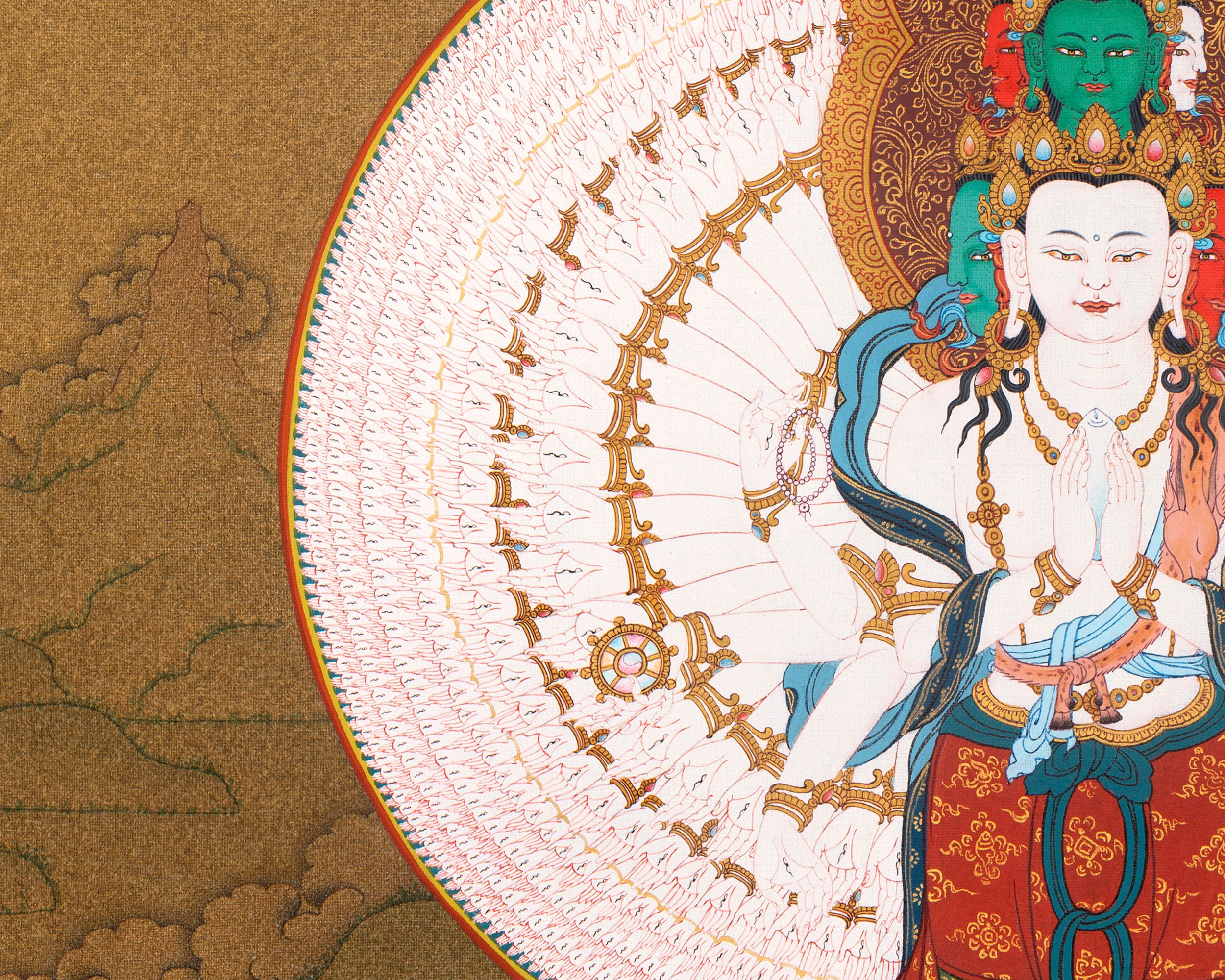 Avalokiteshvara, Manjushri & Vajrapani Thangka (includes Brocade) , 1000 Armed Chenrezig, Tibetan Buddhist Art