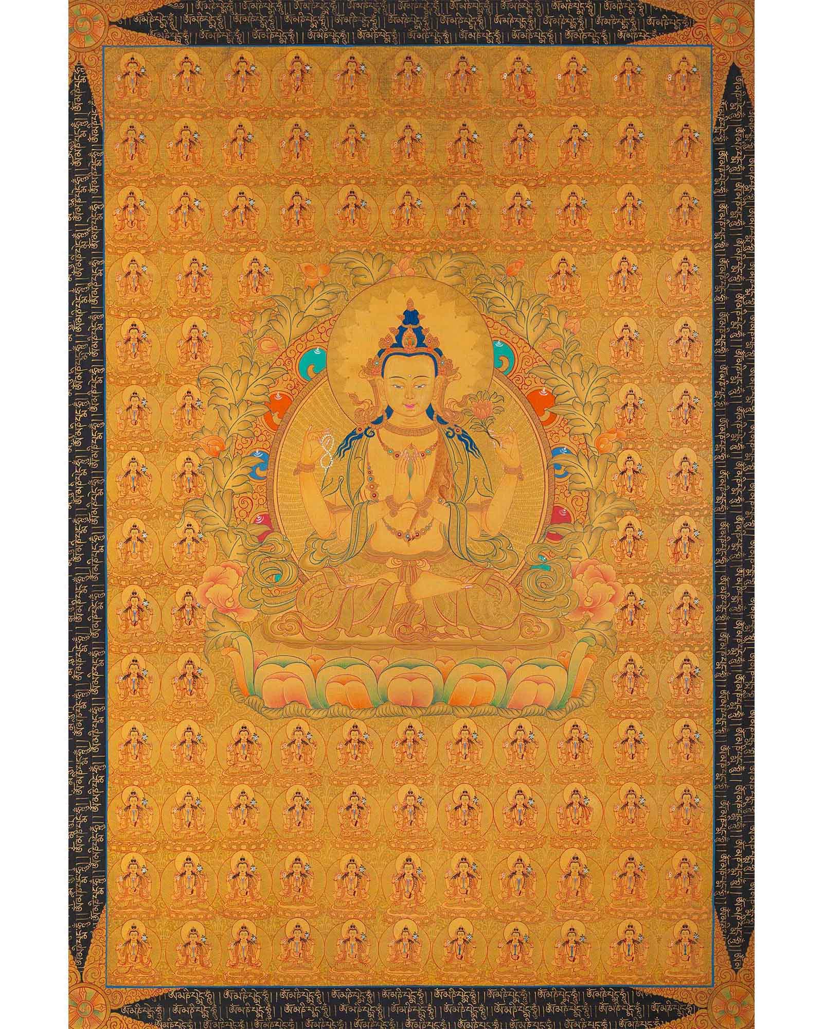 108 Chenrezig Avalokiteshvara Thangka | 24k Pure Gold Original Handmade Tibetan Thangka | Small Size Wall Decoration Painting | Mindfulness Meditation