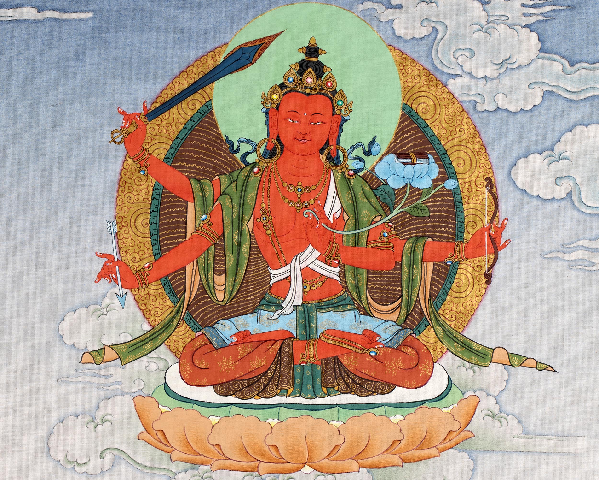 Five Manjushri with Buddha and Bodhisattva Thangka, Tibetan Buddhist Art