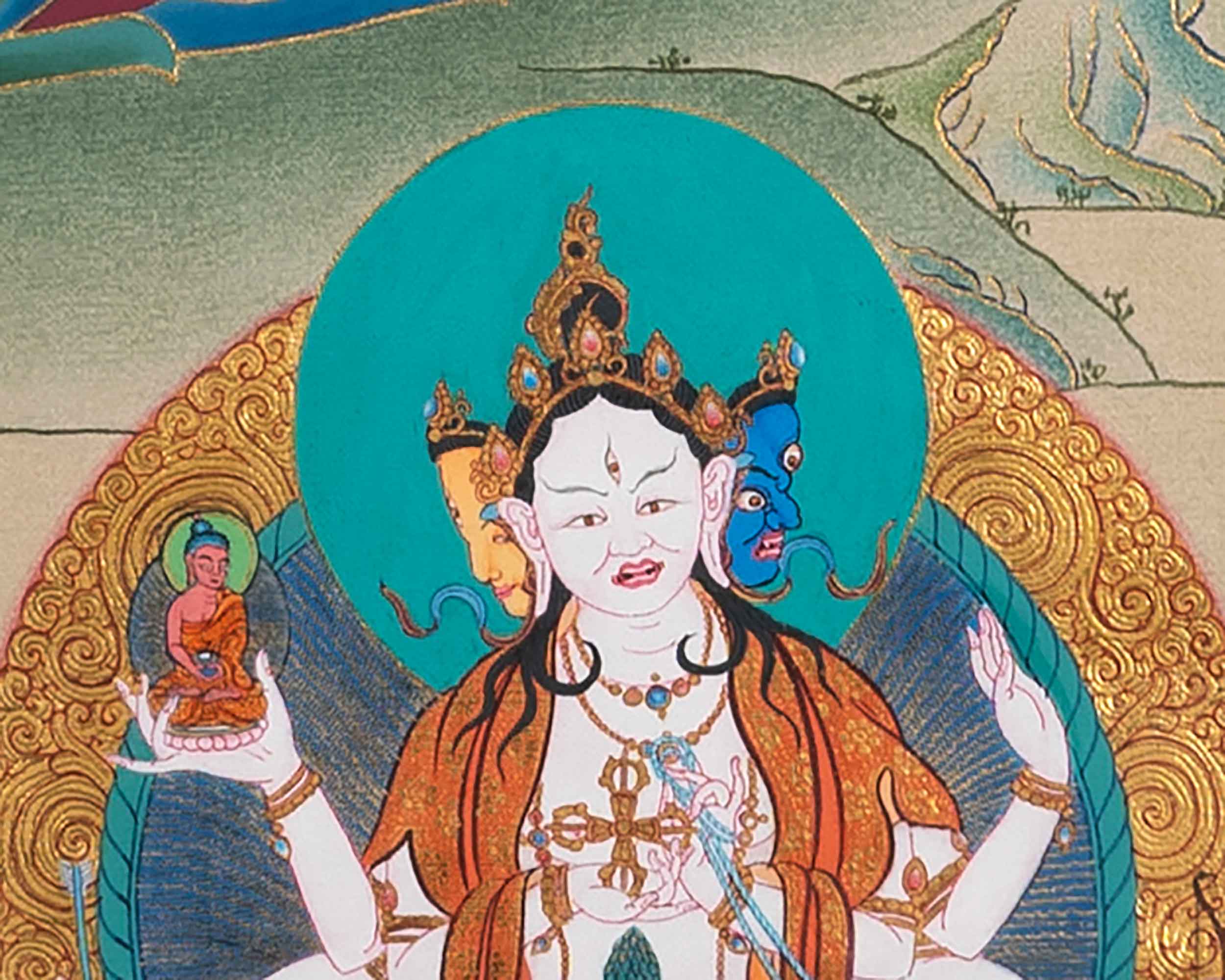 White Tara Meditation Practice Thangka | White Tara With Amitayus and Namgyalma