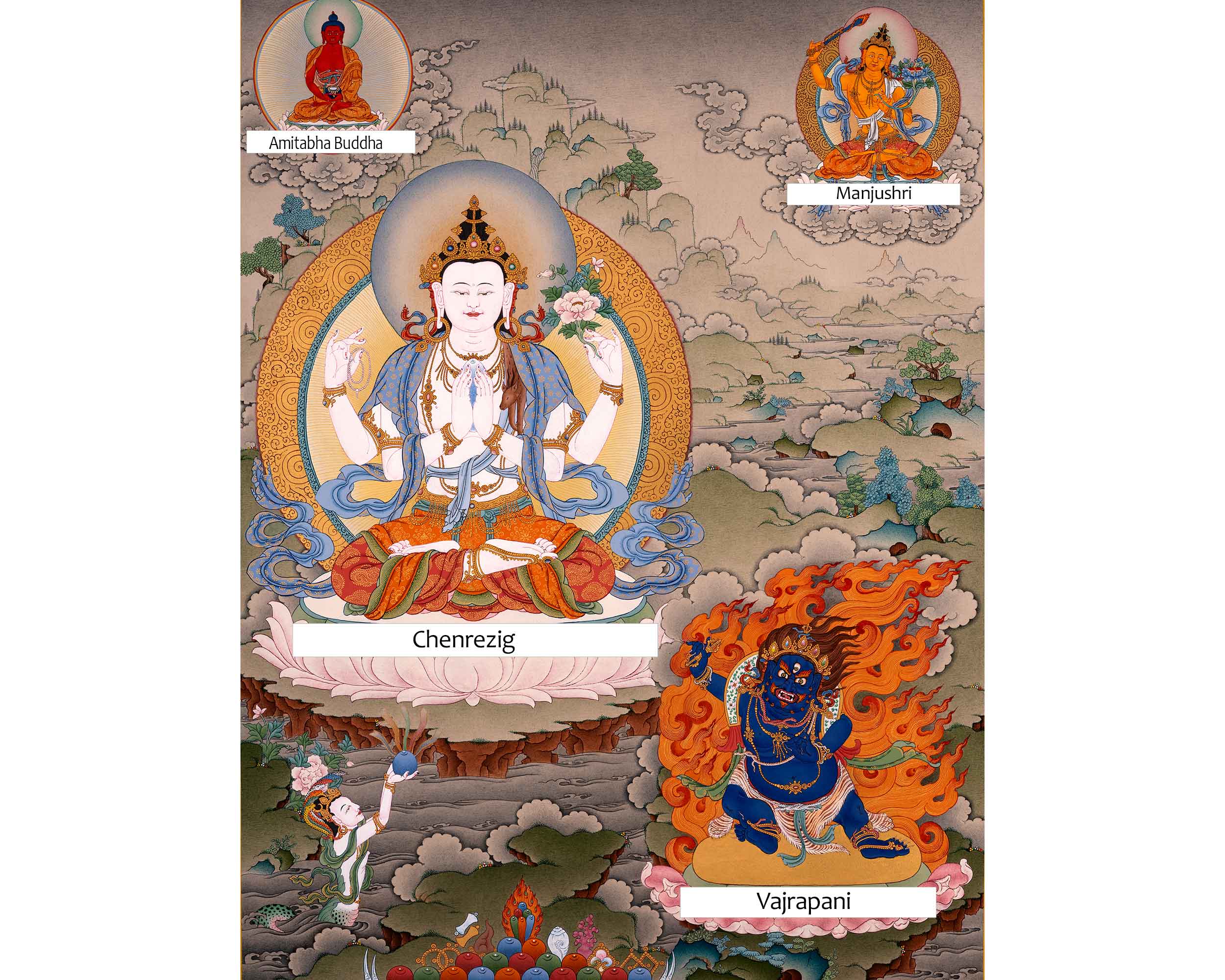 Bodhisattva Thangka | Chenrezig with Vajrapani, Manjushri and Amitabha Buddha