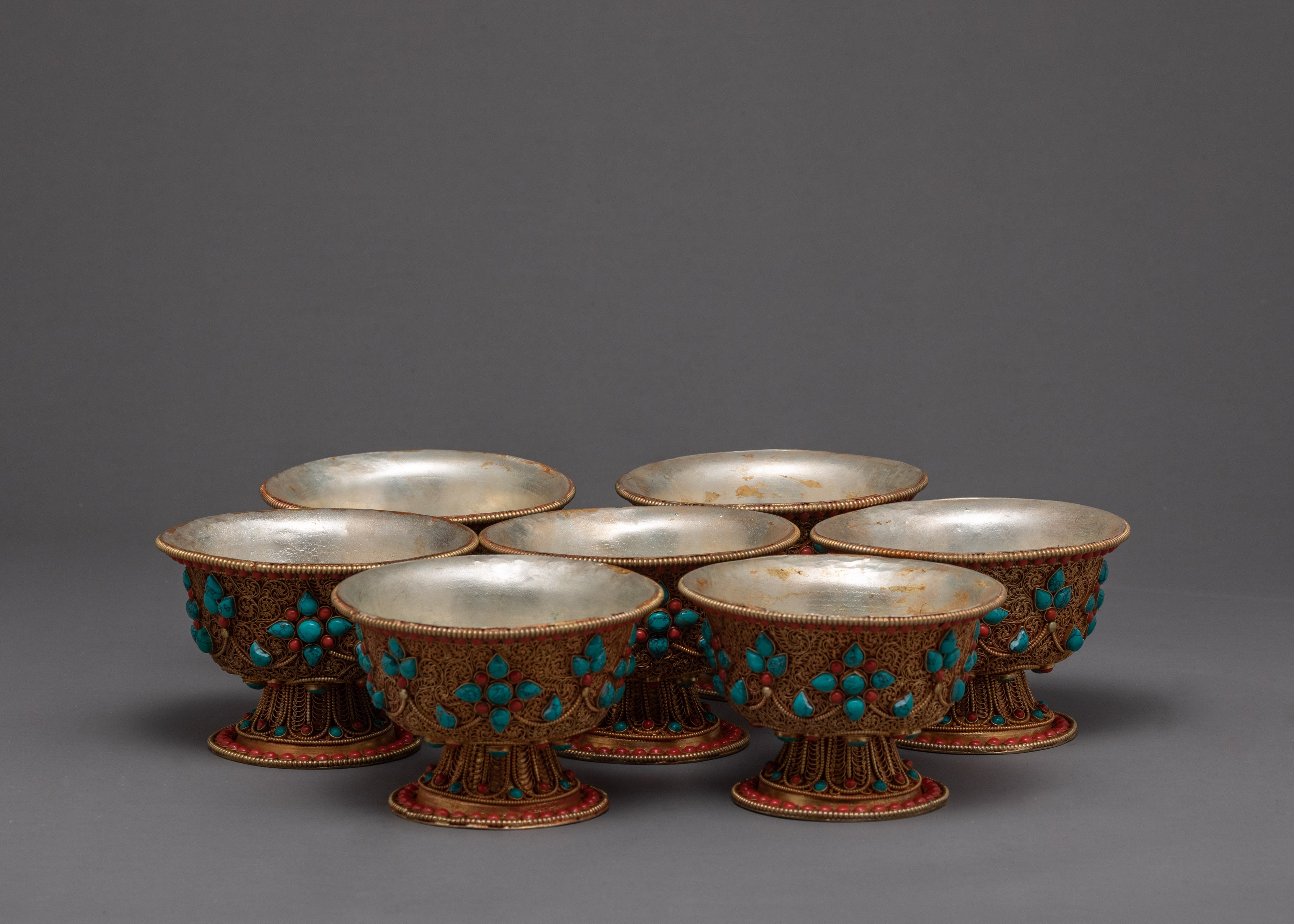 Seven Offering Bowls | Tibetan Copper Bowls with Filigree Carving |Buddhist Altar Offerings