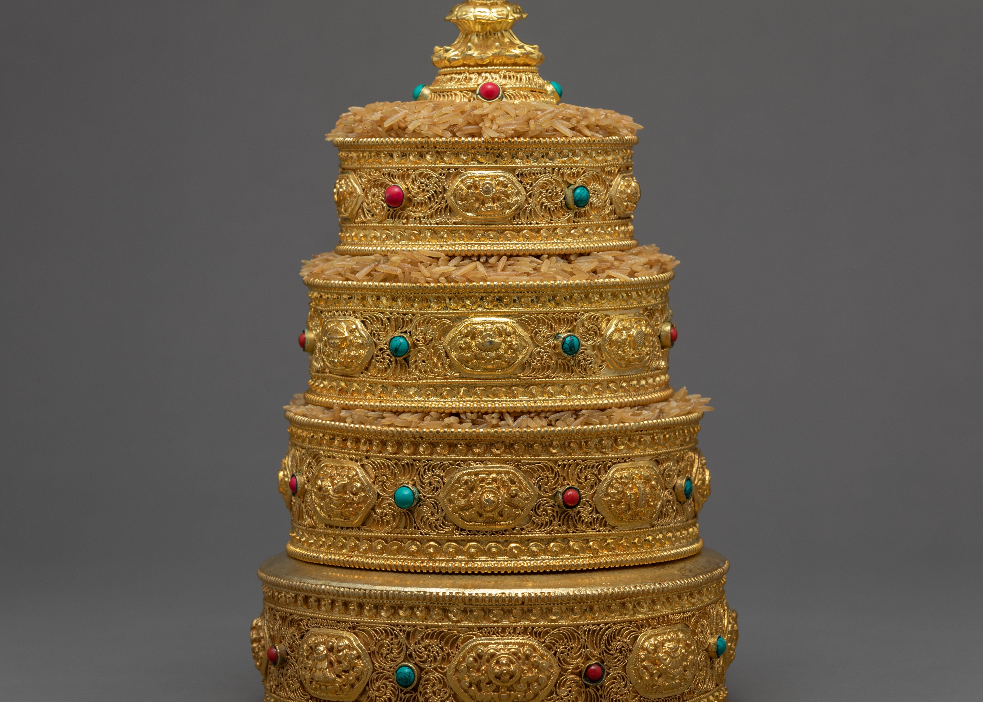 Full Gold Mandala Set | Turquoise and Corals Inlay | Buddhist Alter Offerings