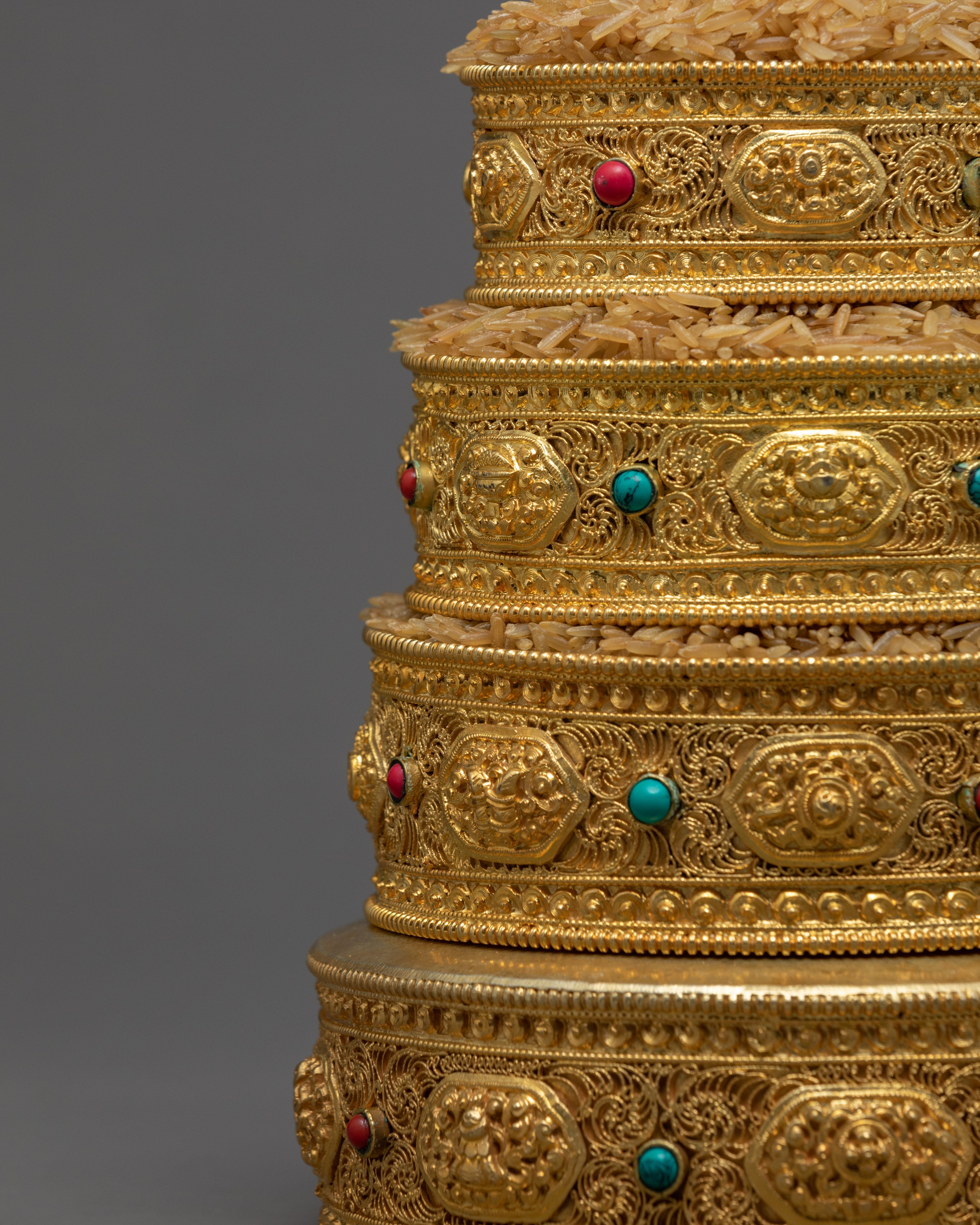 Full Gold Mandala Set | Turquoise and Corals Inlay | Buddhist Alter Offerings