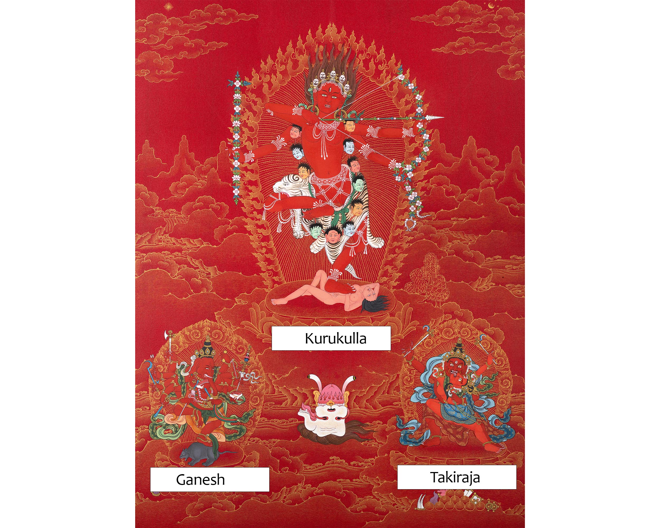 Kurukulla with Ganesh And Takiraja | Tibetan Thangka in Marthang Style