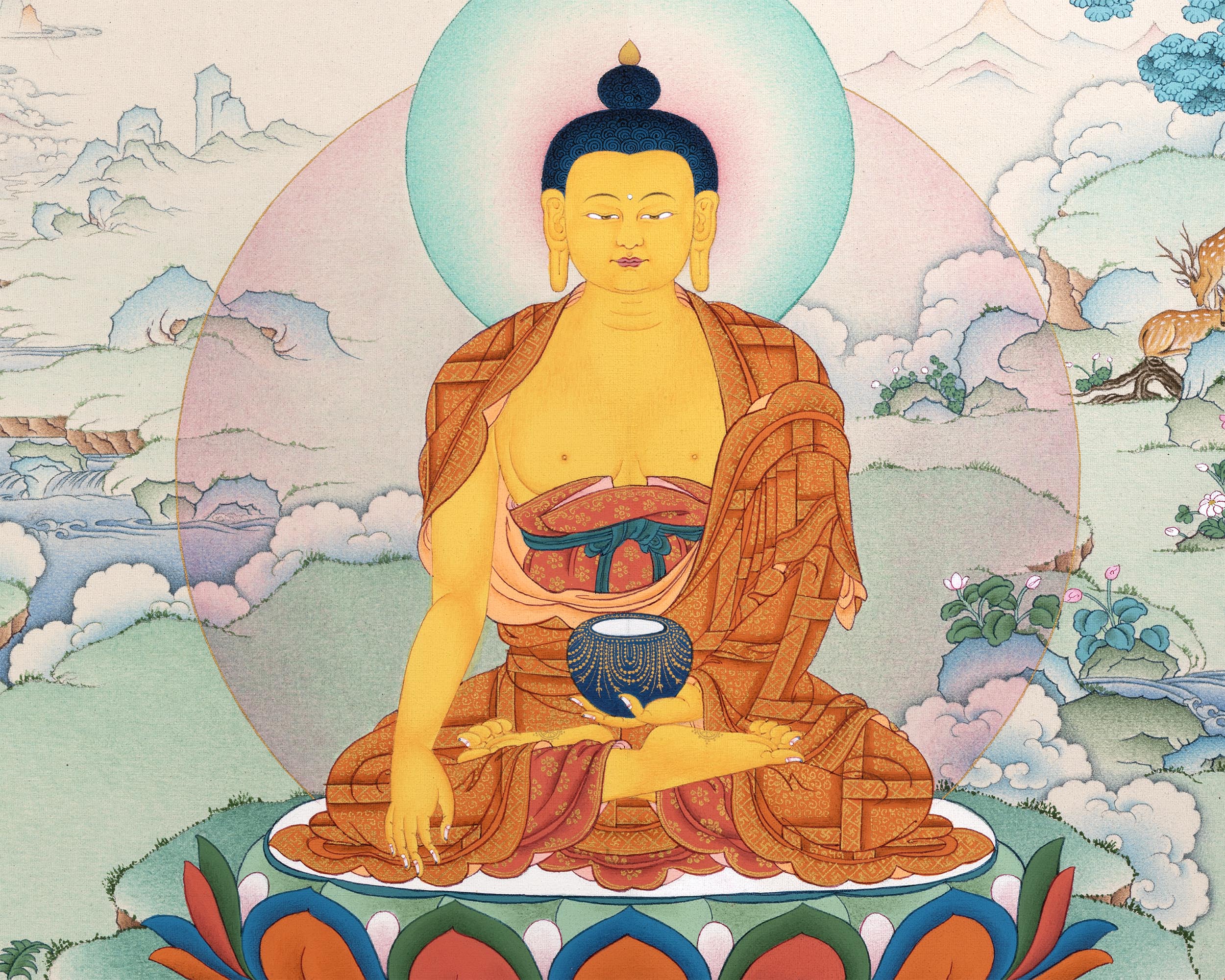 Shakyamuni Buddha with Five Disciples Thangka | Tibetan Buddhist Art