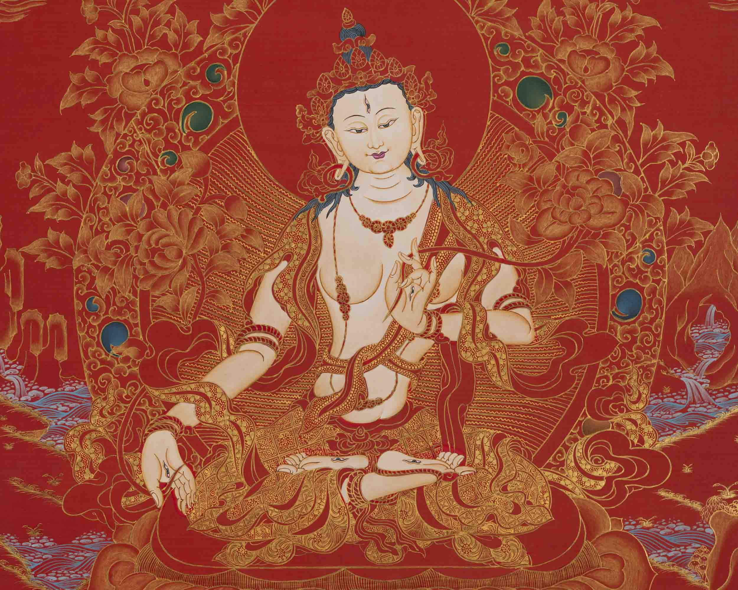 White Tara Thangka | 24K Gold Style Art | Religious Wall Decors