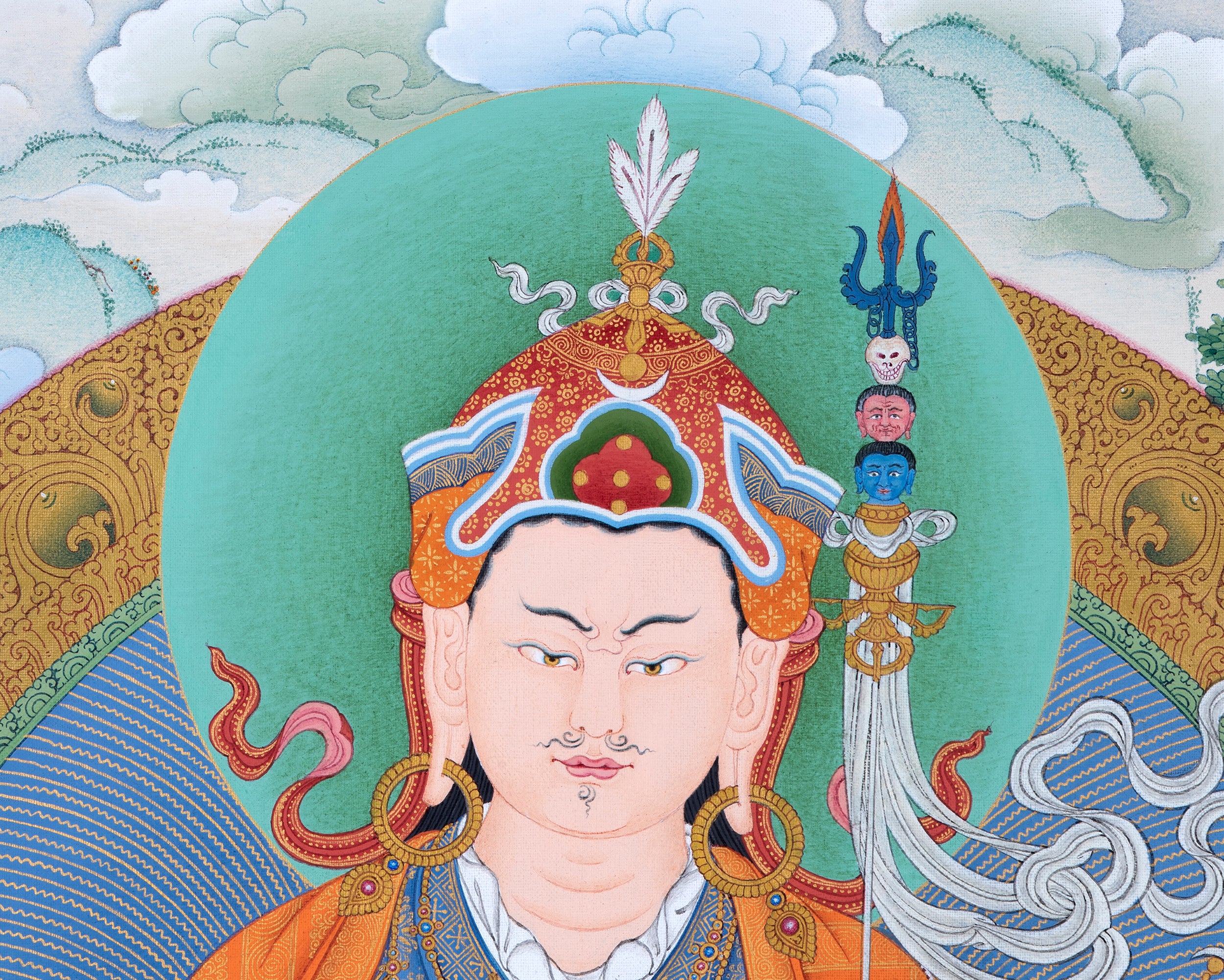 Guru Rinpoche, Padmasambhava Thangka, Tibetan Buddhist Painting in Natural Stone Color & 24K Gold (includes a silk brocade)
