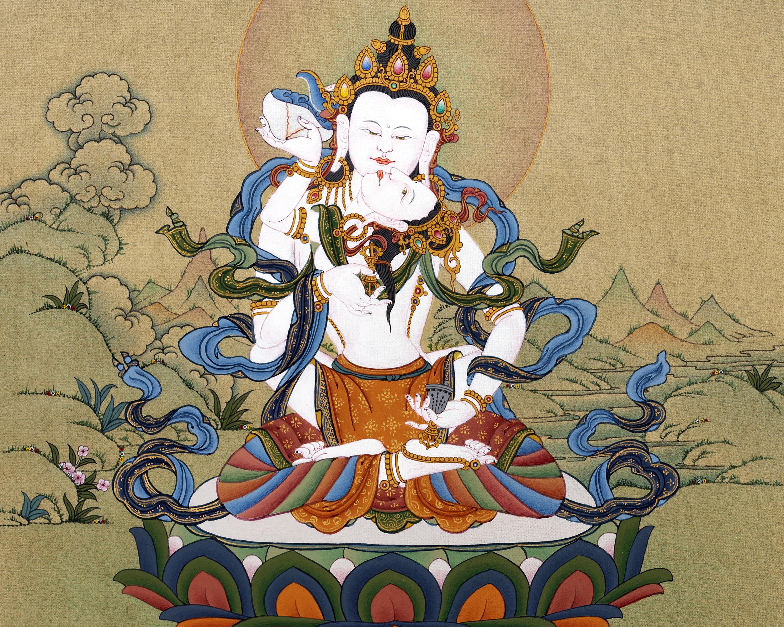 Vajrasattva Yab Yum Thangka | 24K Gold Tibetan Art with Silk Brocade