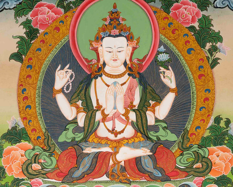 Avalokiteshvara Chengrezig | Bodhisattva Of Compassion | Traditional Tibetan Paint