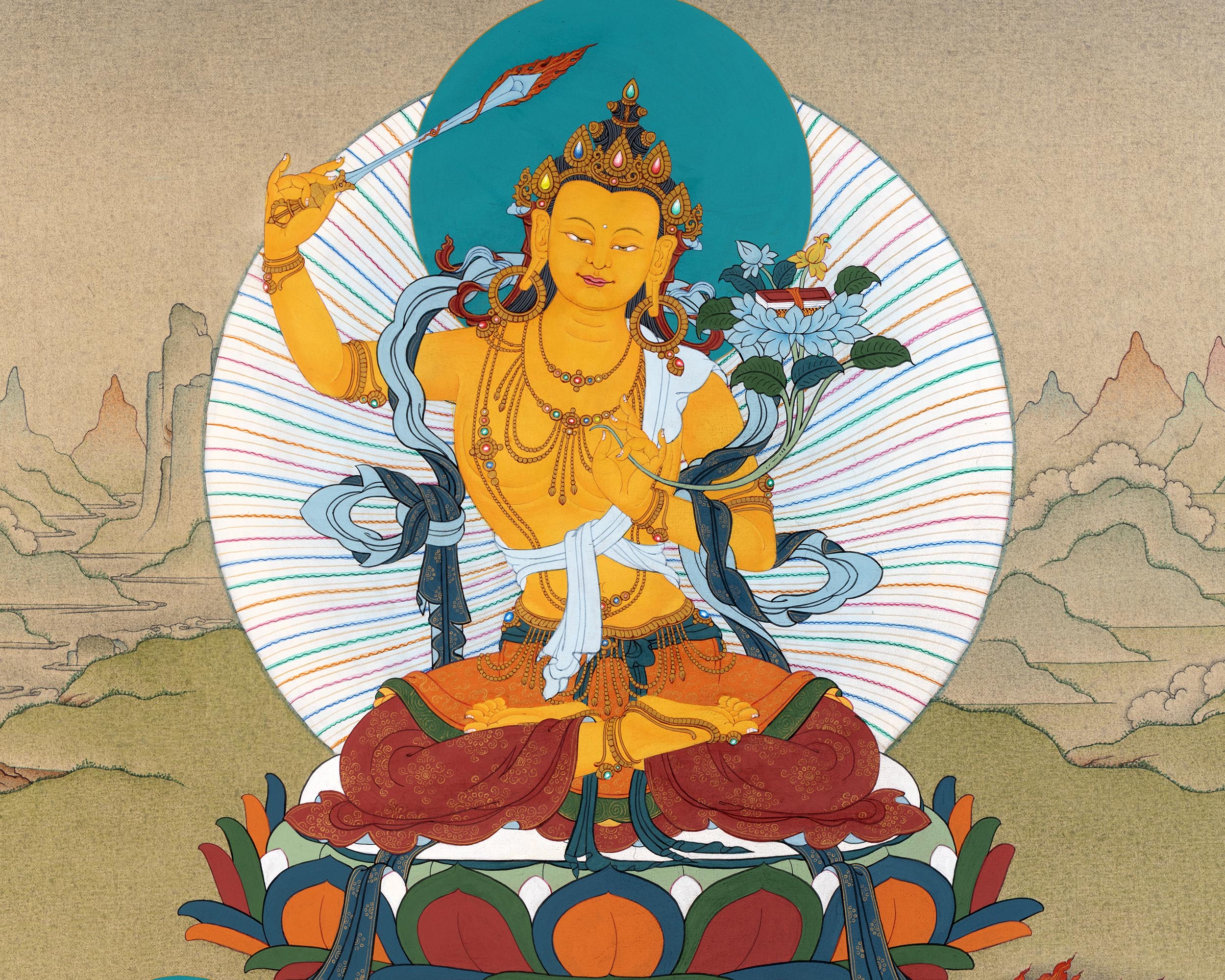 Manjushri With Chenrezig and Vajrapani Thangka | Tibetan Buddhist Thangka Painting