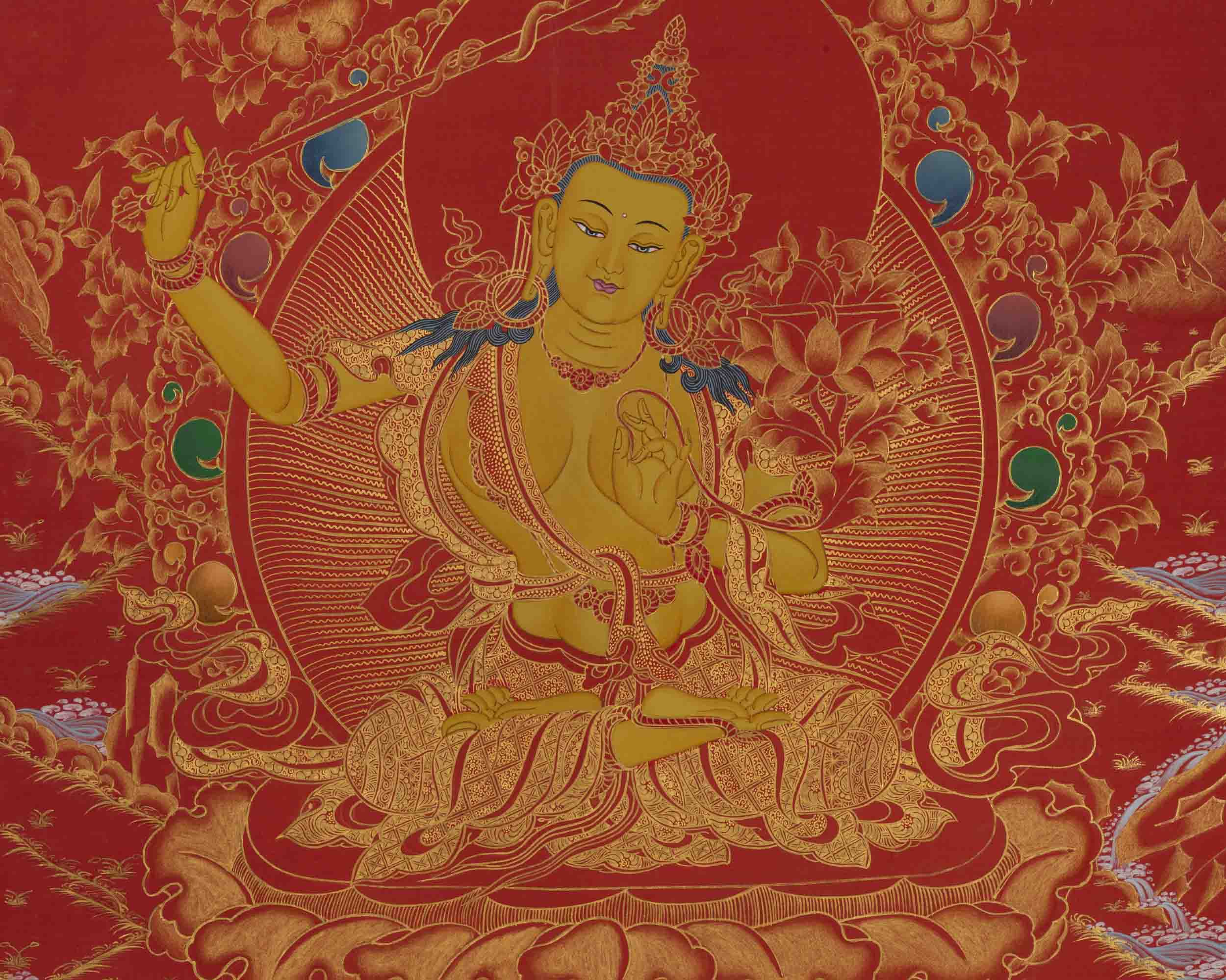 Manjushree Thangka | 24K Gold Style Painting | Religious Wall Decors