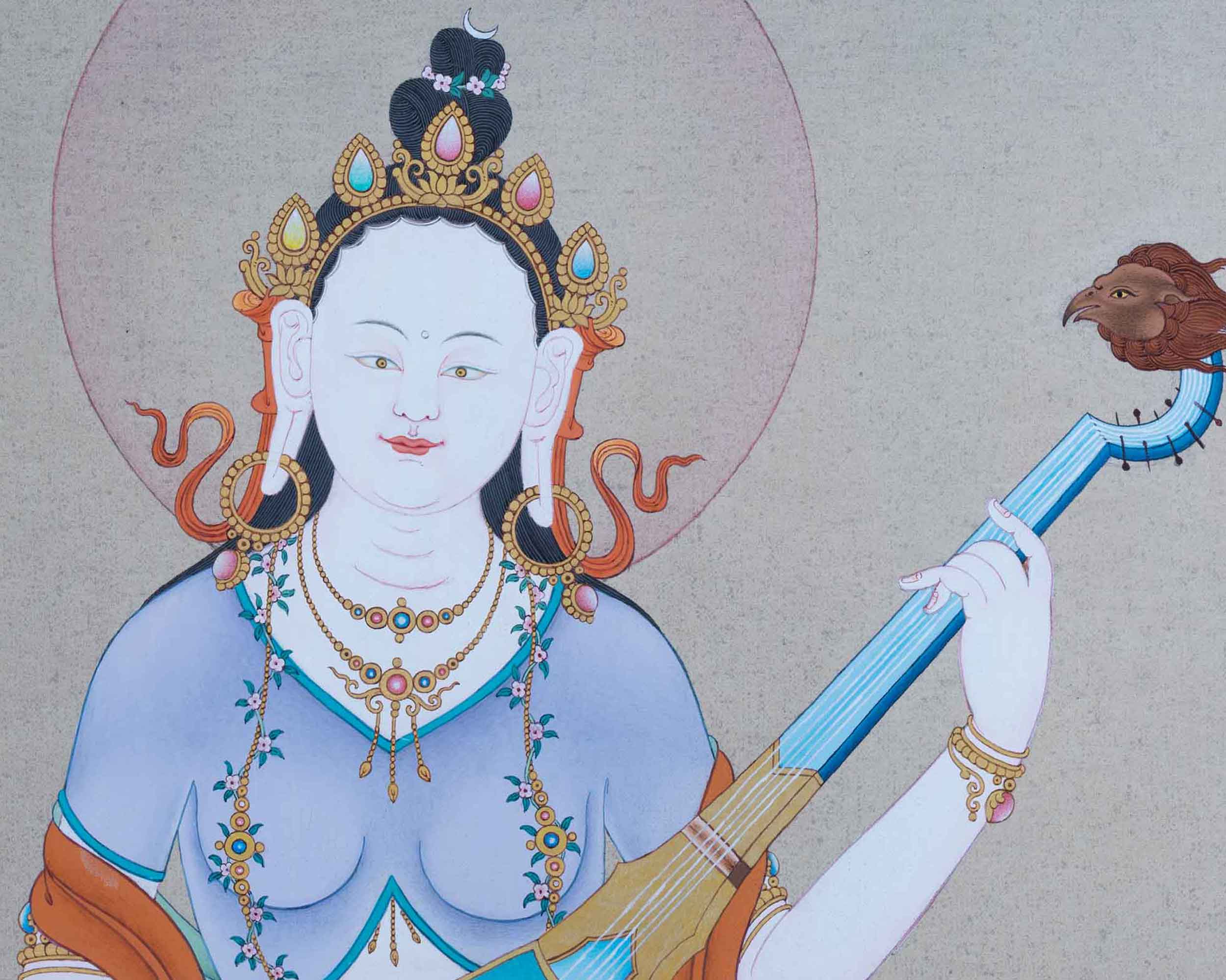 Tibetan Dakini Thangka For Saraswati Mantra Practice | Traditional Himalayan Thangka On Cotton Canvas