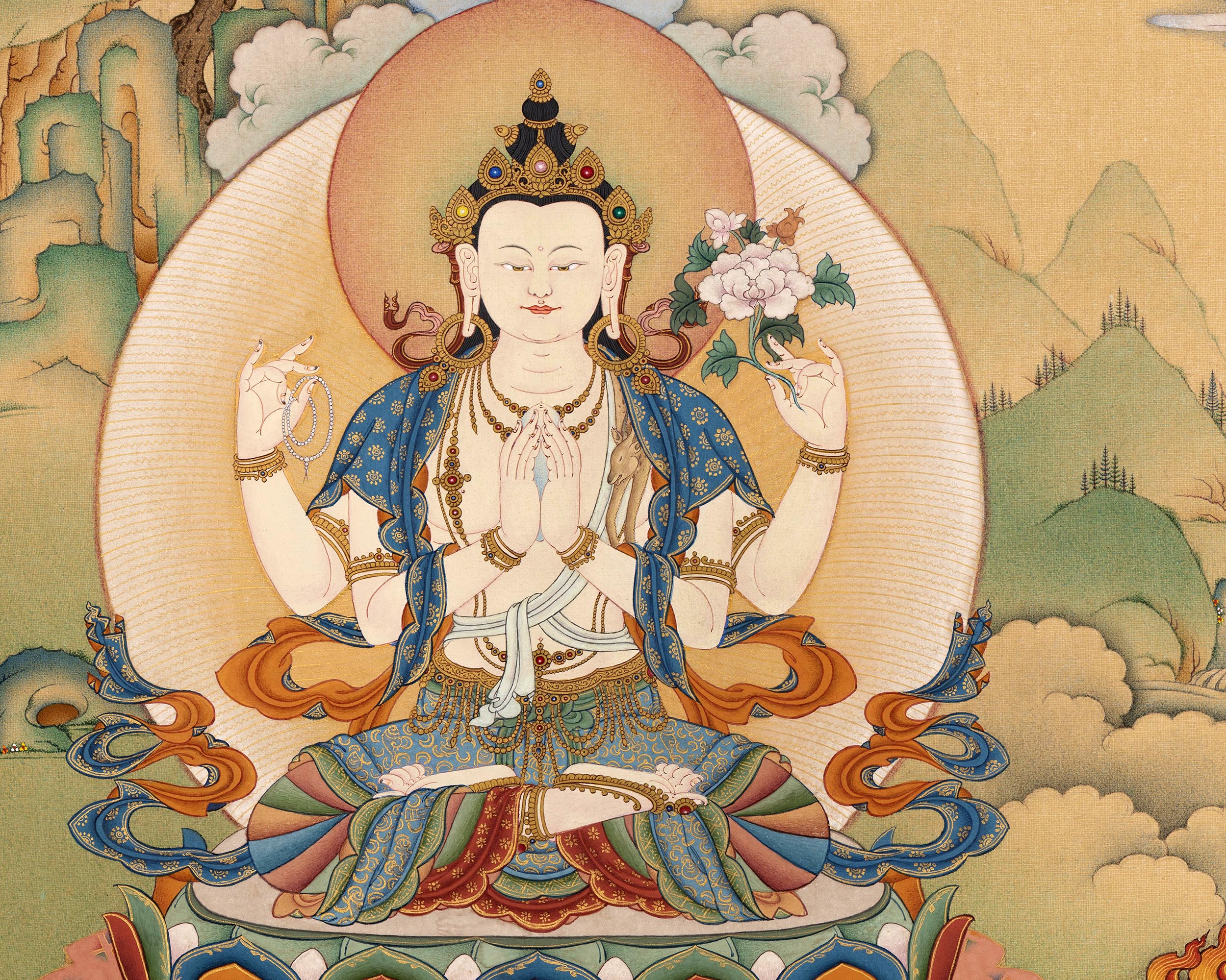Bodhisattva Thangka | Chenrezig, Manjushri, Vajrapani | 24K Gold Tibetan Art