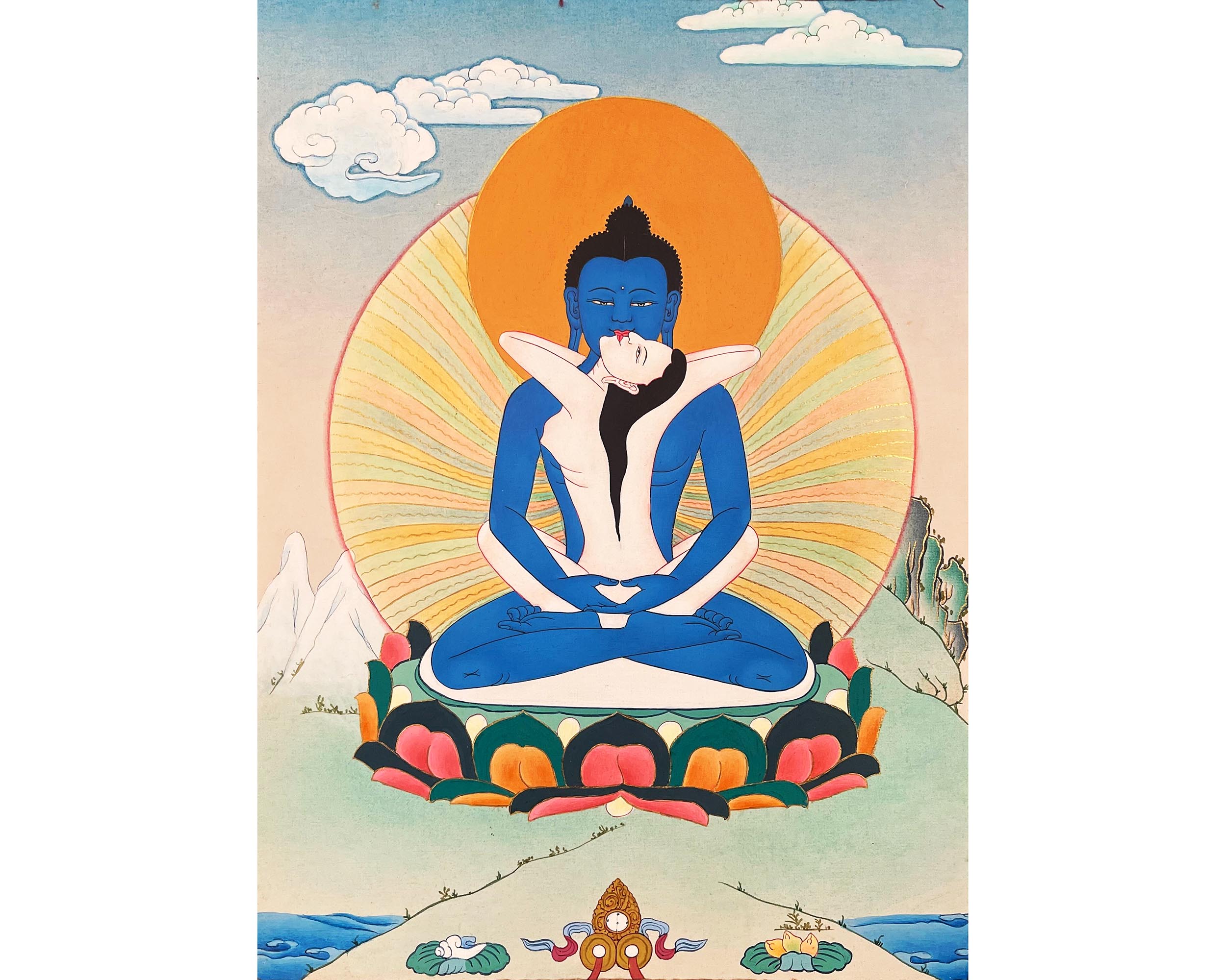 Samantabhadra with Consort, Yab yum Thangka Painting in Brocade Silk Frame