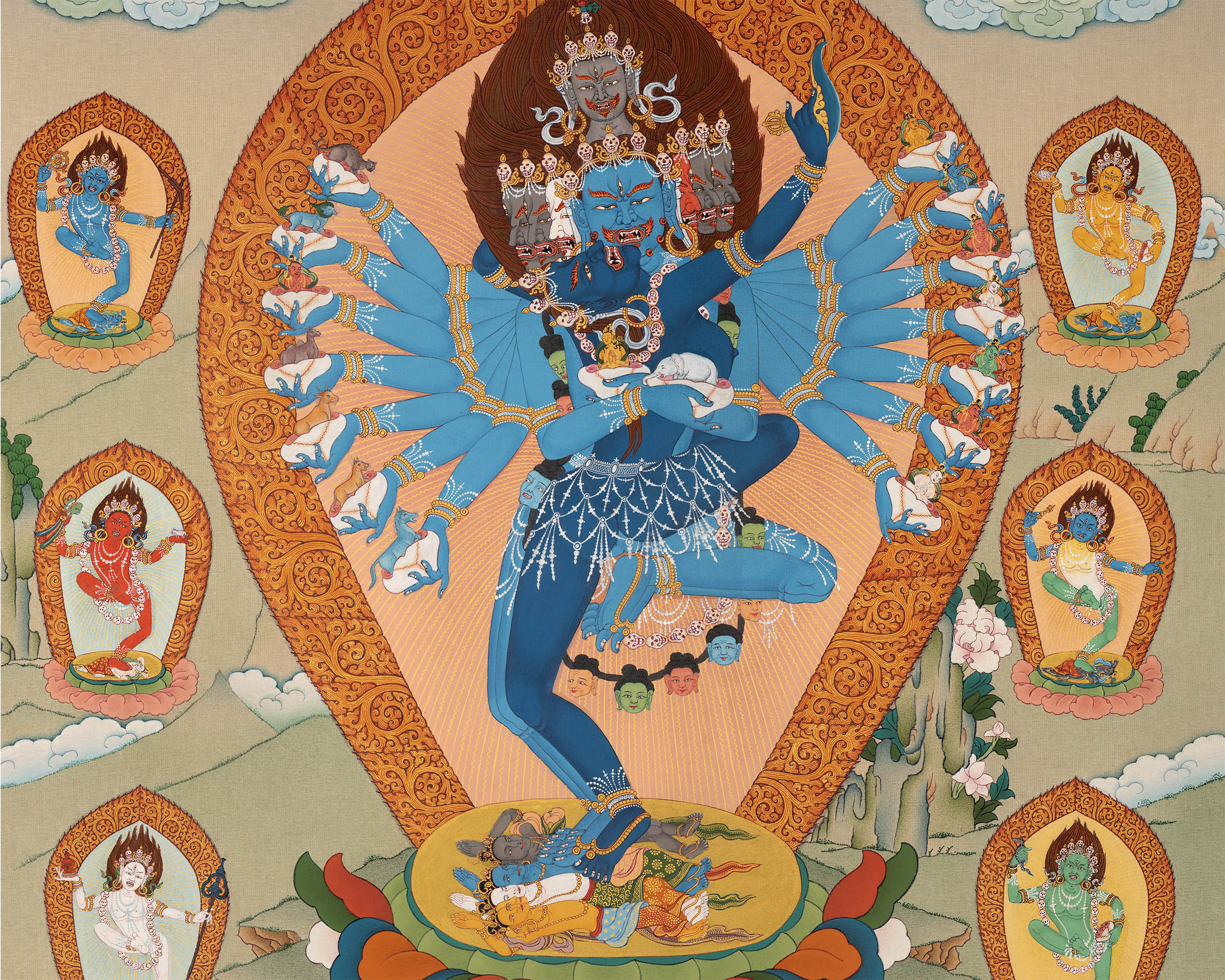 Hevajra with Vajra Nairatmya and the 8 Dakinis, Tibetan Thangka Painting