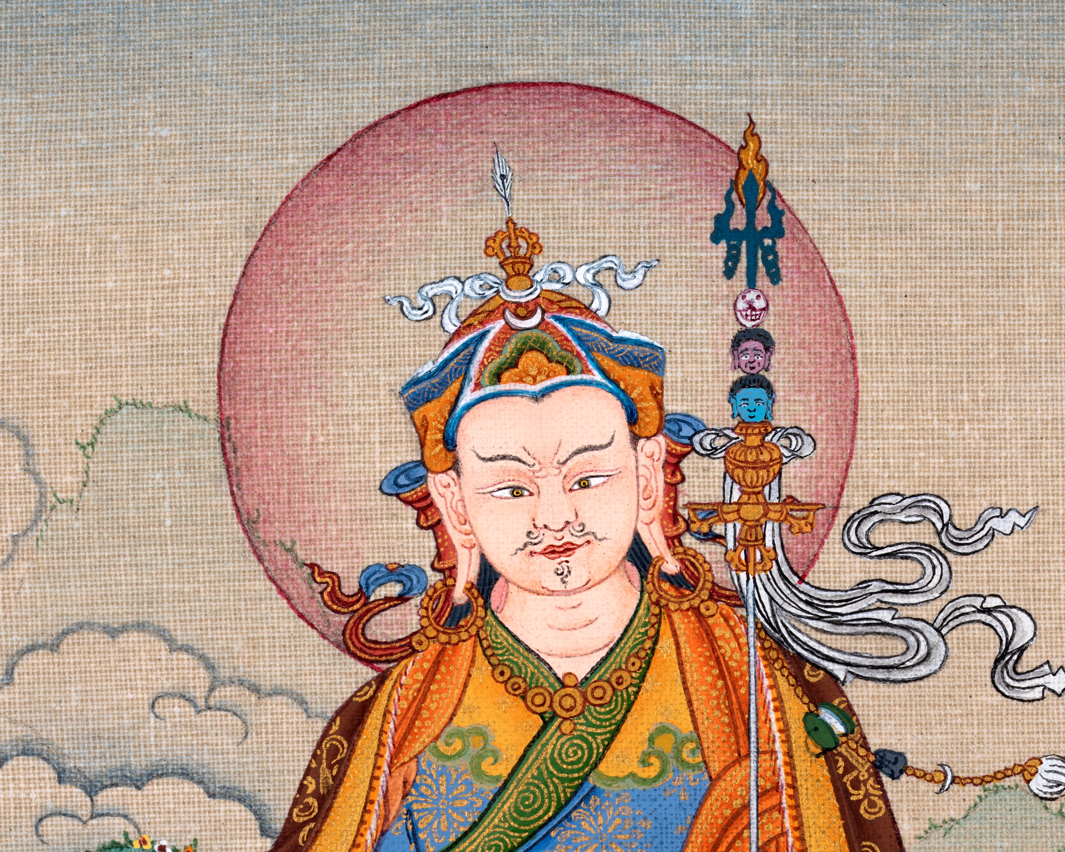 Guru Rinpoche, Padmasambhava Thangka, Tibetan Buddhist Painting in Natural Stone Color & 24K Gold