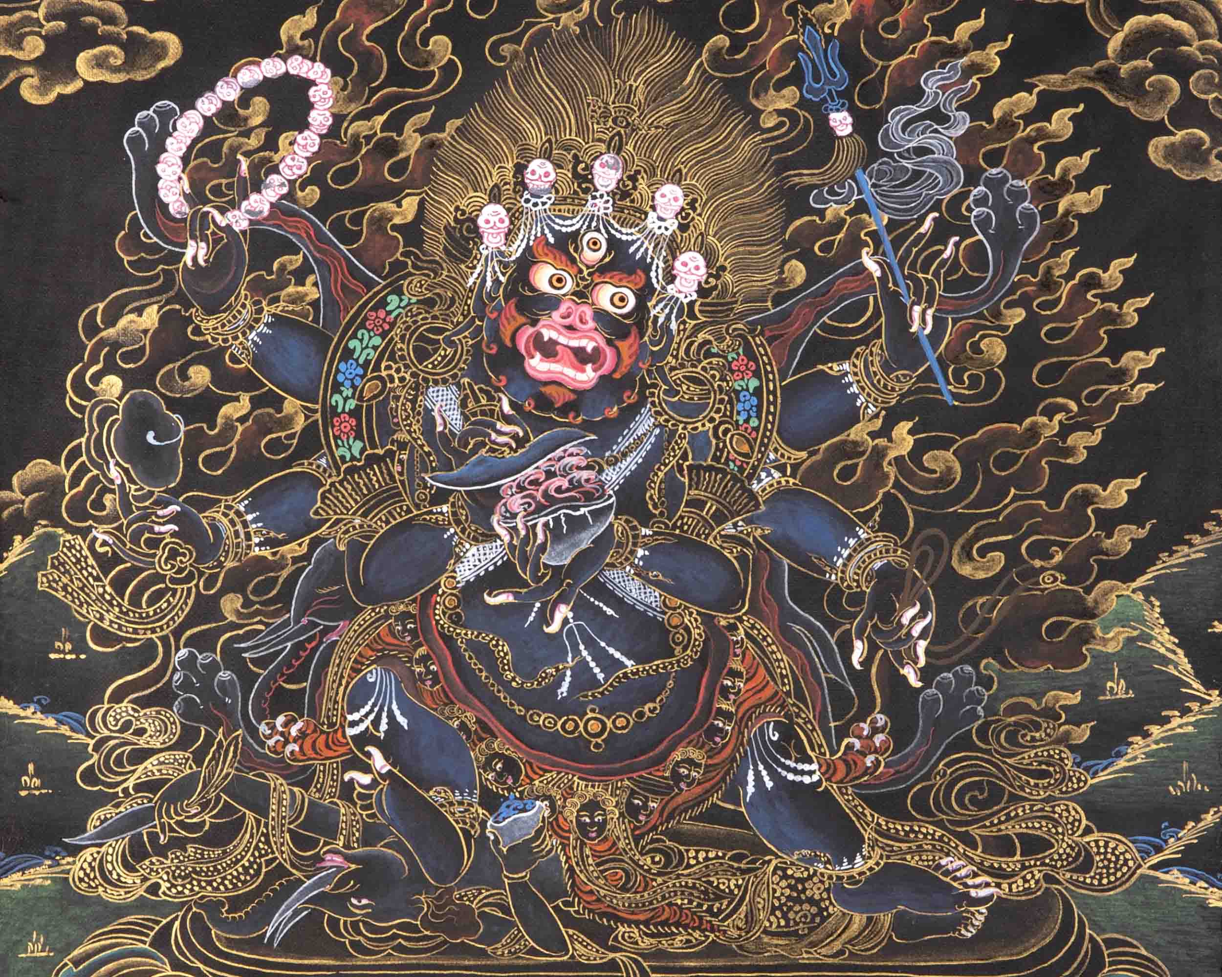 6 Armed Mahakala with Banarasi Silk Brocade | Hand Painted Thangka Art