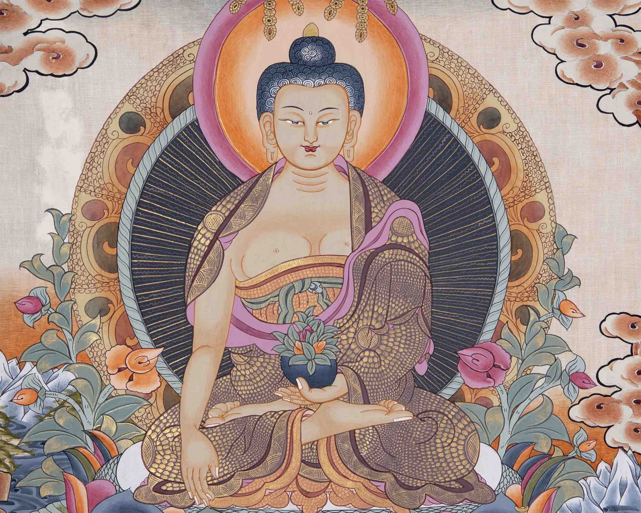Shakyamuni Buddha With Brocade | Wall Decor Painting