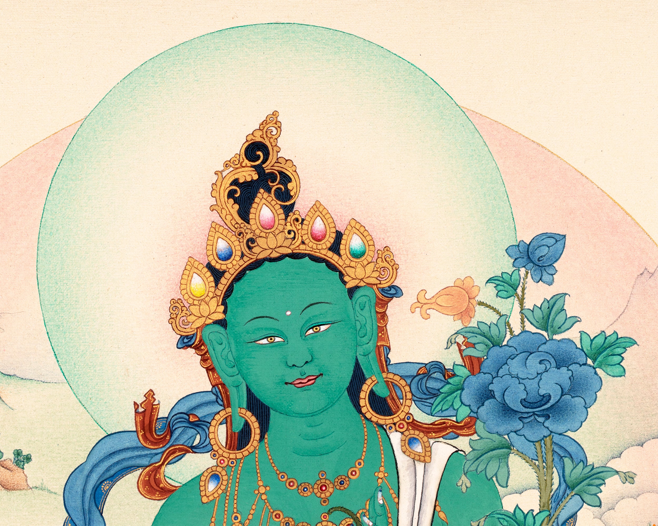 Green Tara | Traditional Tibetan Tara Thangka in Natural stone colors