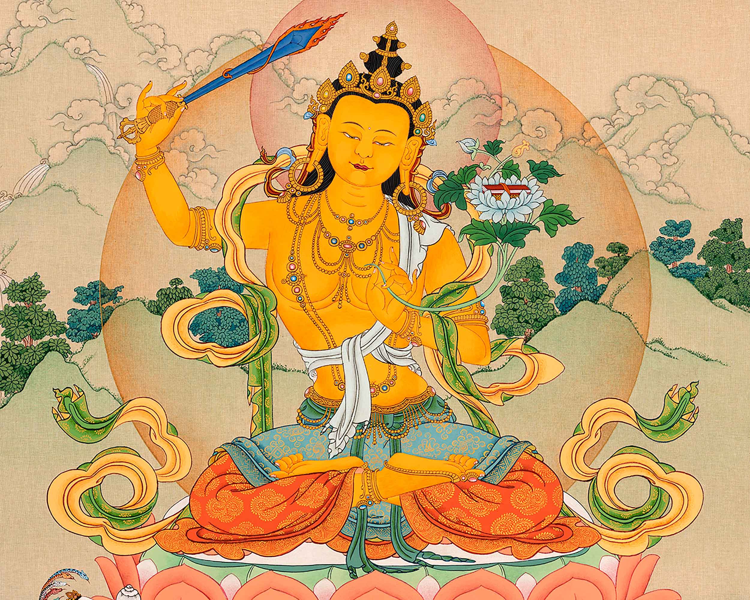 Traditionally Hand-Painted Bodhisattva Manjushri Thangka | Tibetan Bodhisattva Art