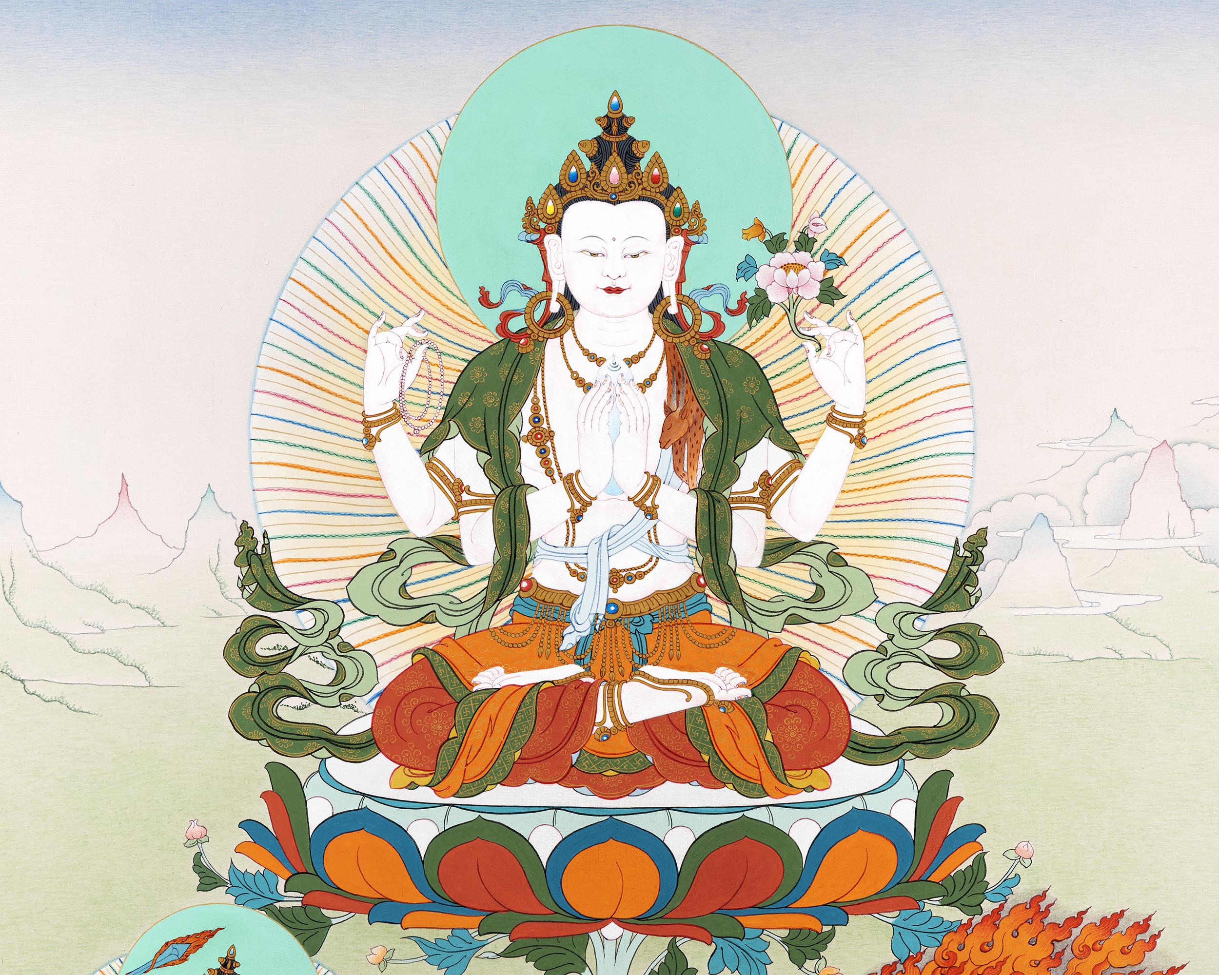 Bodhisattva Thangka | Genuine 24K Gold Hand Painted Tibetan Art | Avalokiteshvara, Vajrapani & Manjushri